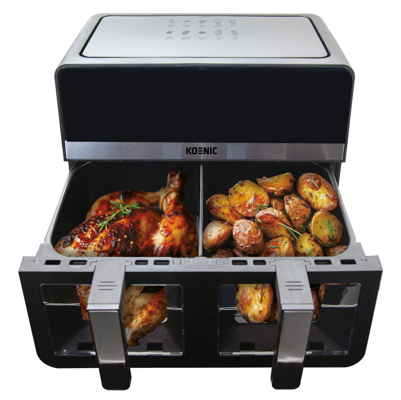 Doppelkorb-Heißluftfritteuse mit Brathähnchen und Kartoffeln. Die Fritteuse ist schwarz und silber.