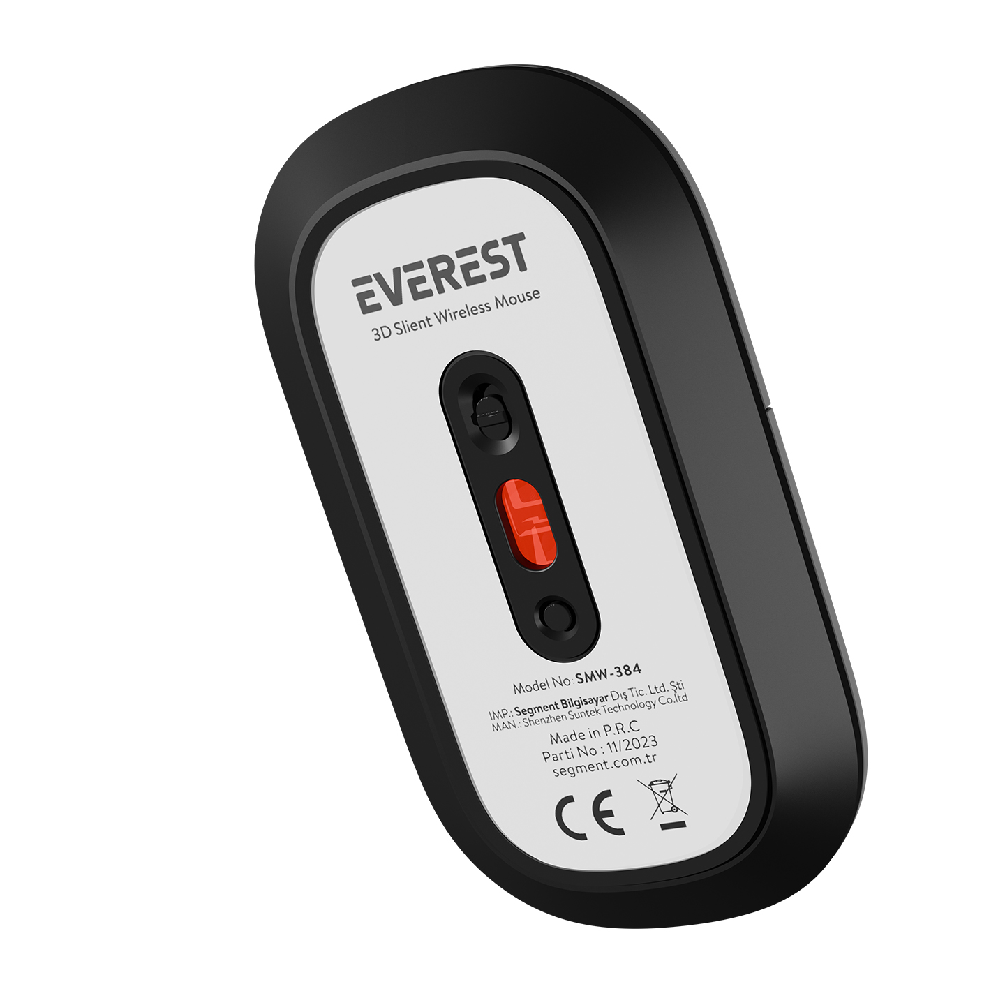 Everest 3D Sessiz Kablosuz Fare, siyah beyaz taban, kırmızı düğme.