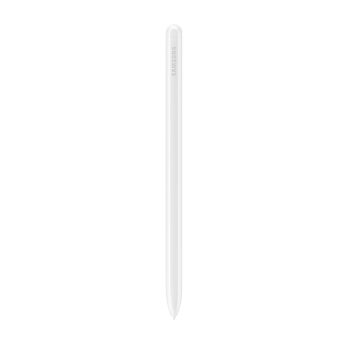 Beyaz kalem. Uzun ve incedir, yuvarlak bir ucu ve bir Samsung logosu vardır.