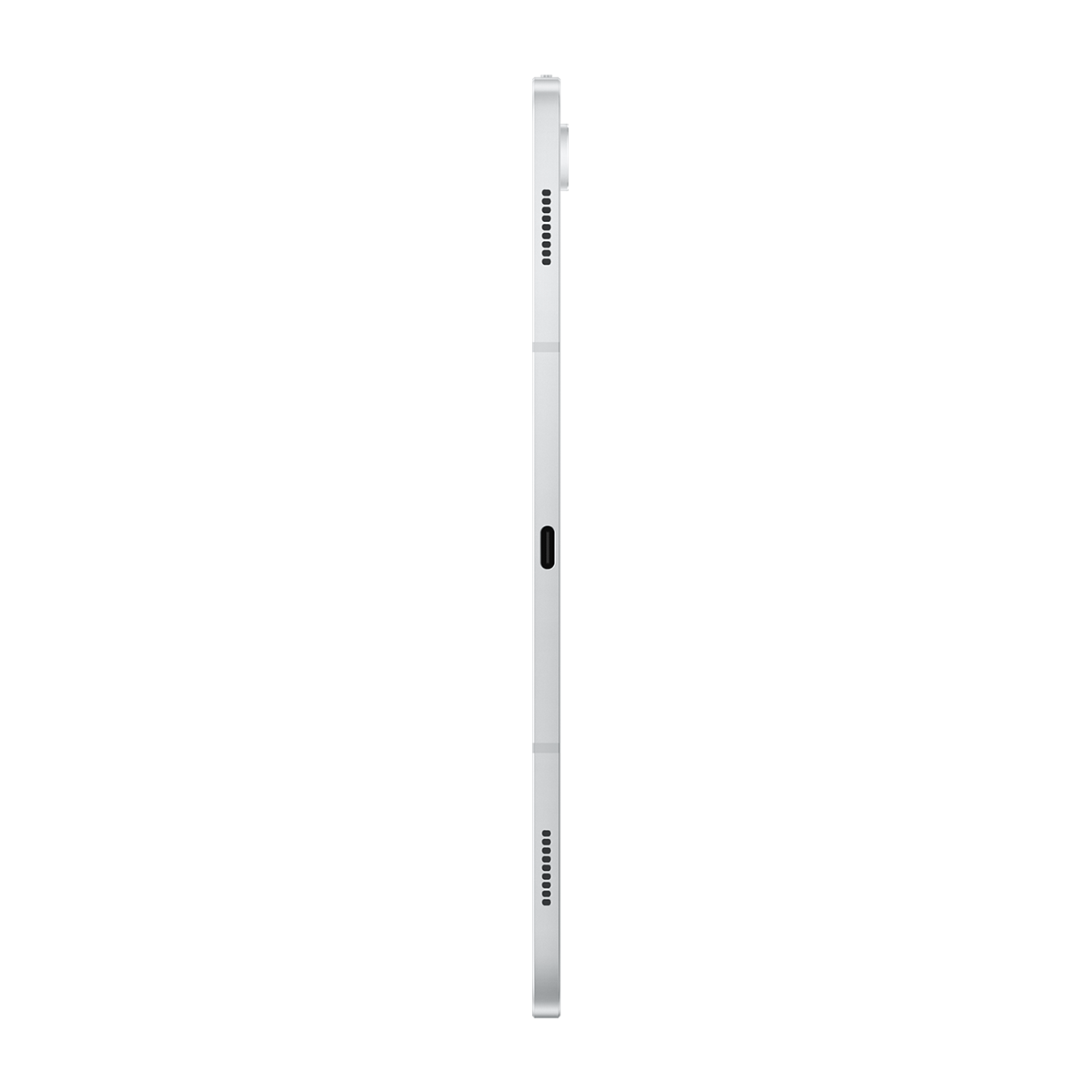 Gümüş tablet, yan görünüm, siyah arka plan.