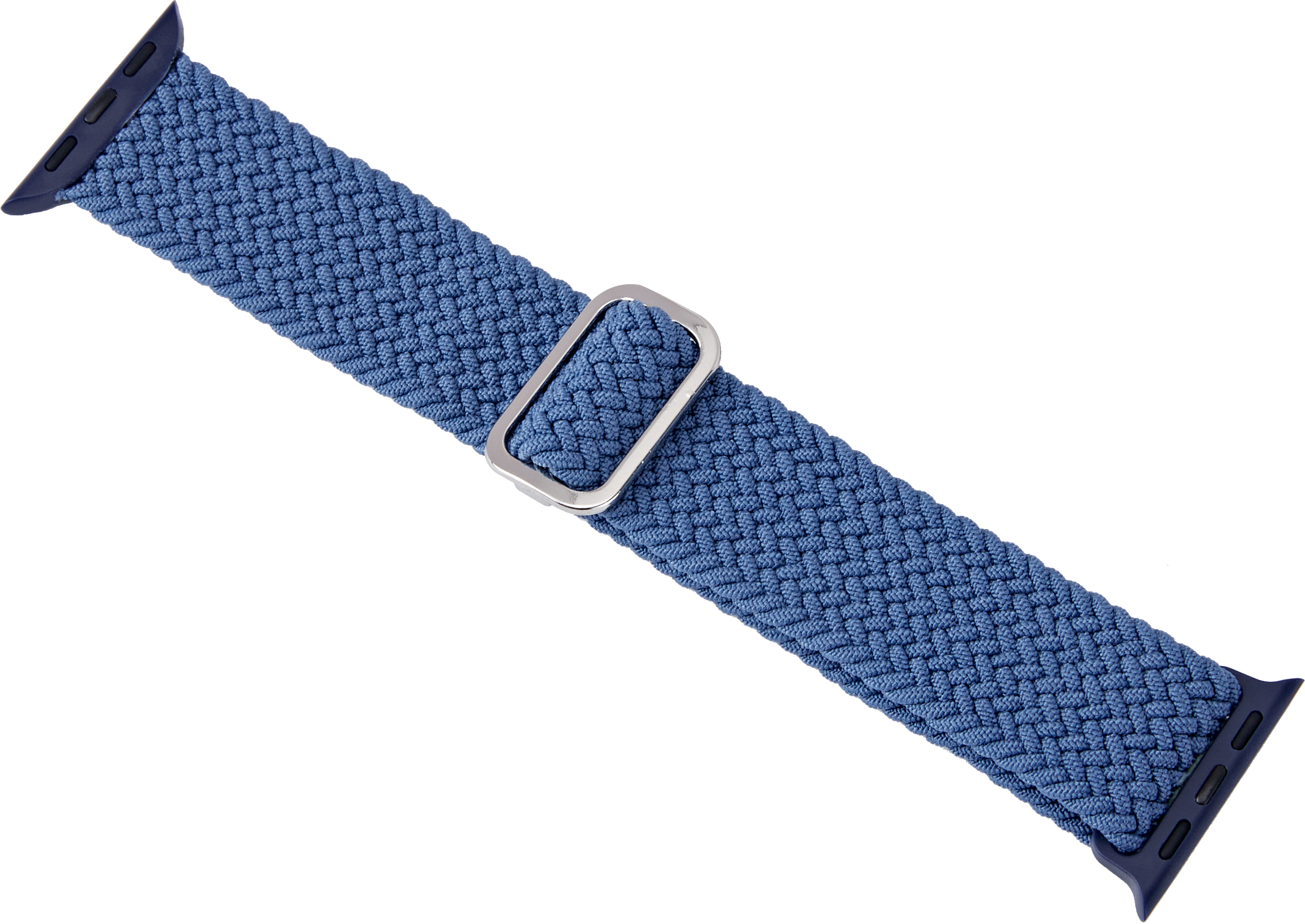 Geflochtenes blaues Apple Watch Armband mit silberner Schnalle.