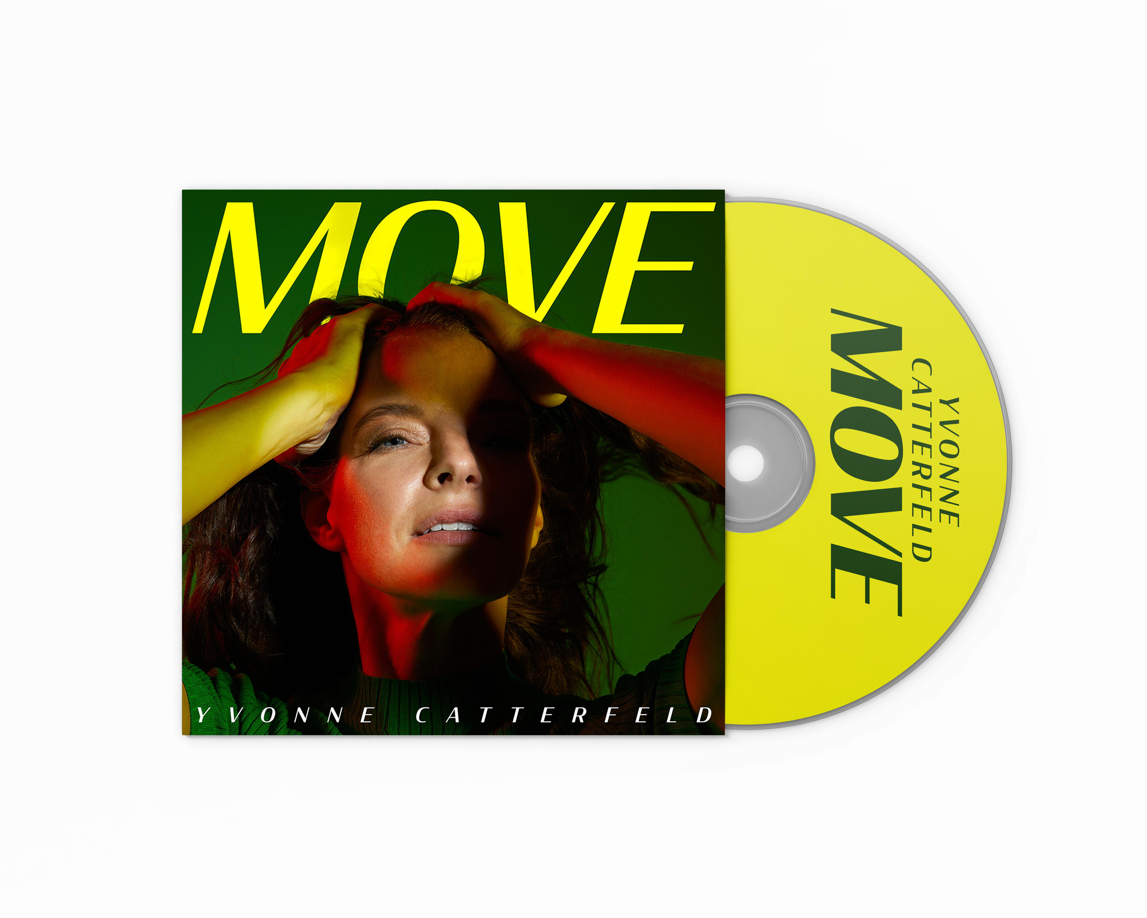 Ein CD-Cover von Yvonne Catterfelds Album MOVE mit einer gelben CD.