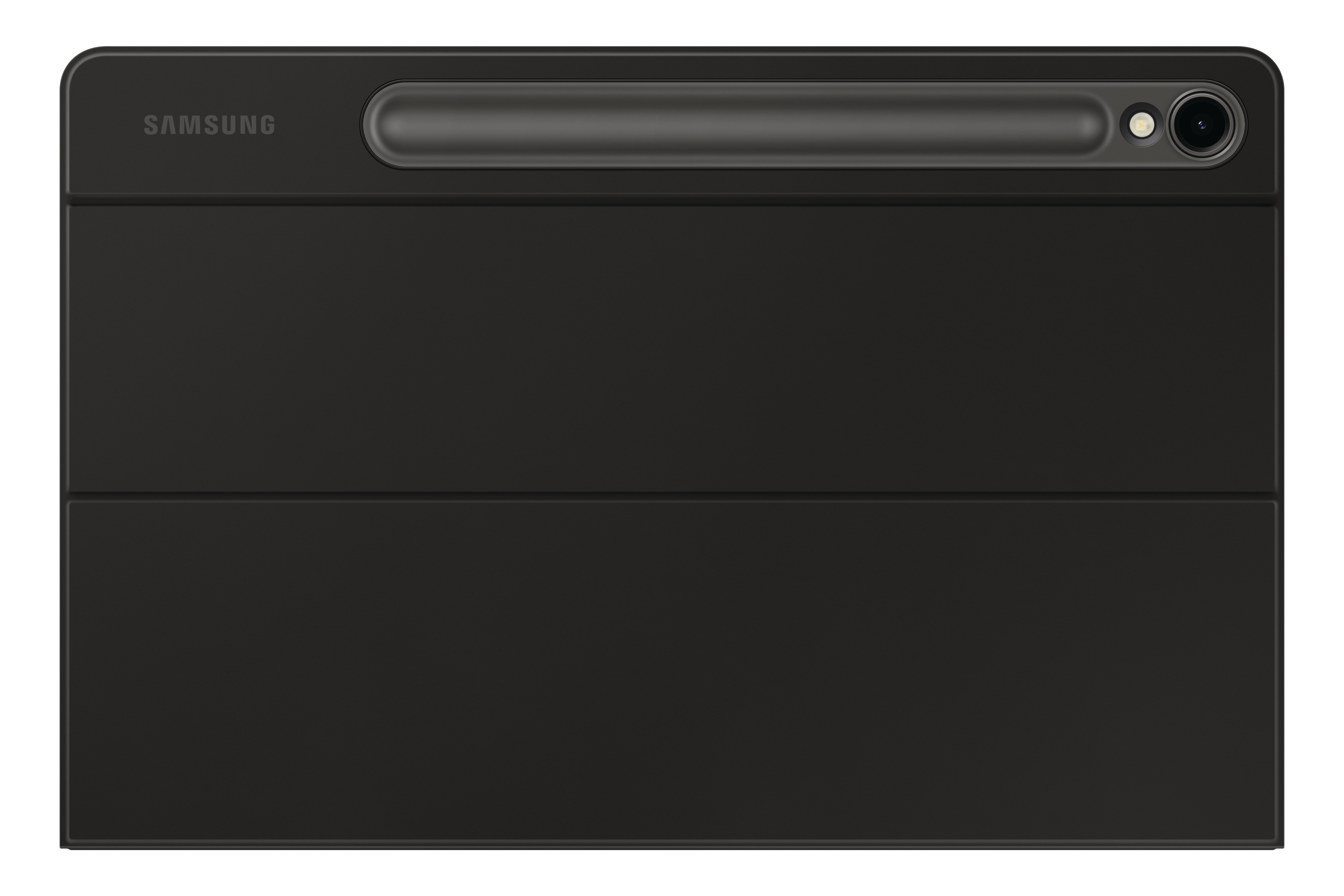 Schwarzes Tablet mit angebrachter Hülle. Samsung-Logo und eine Kamera oben.