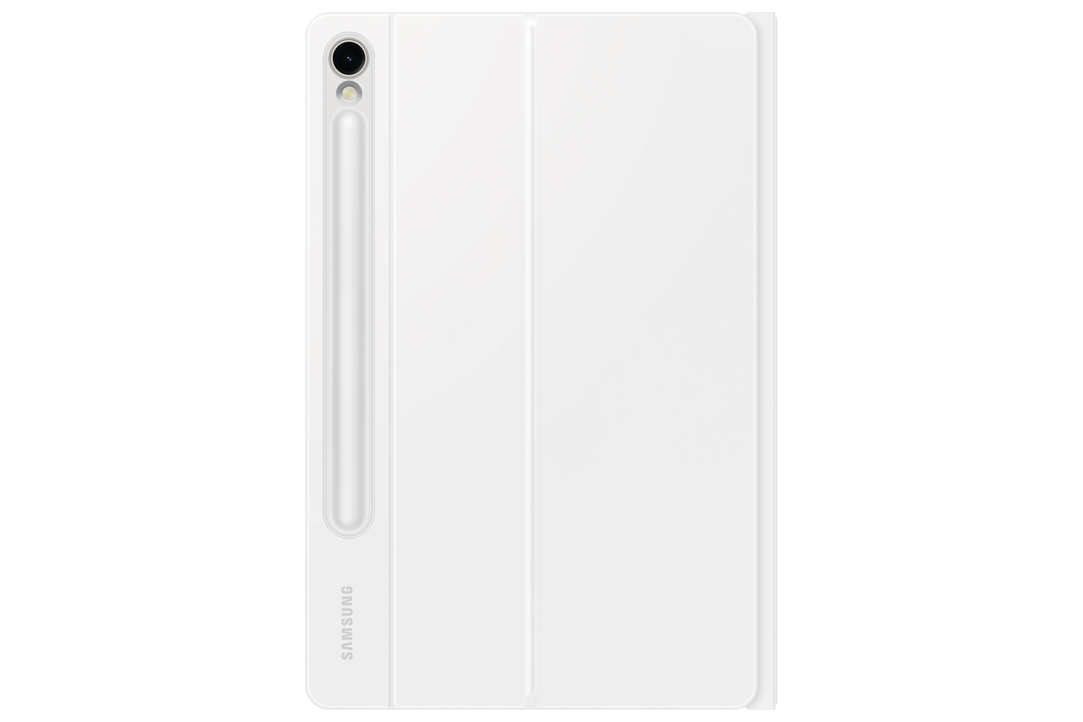 Weißes Tablet mit Stift. Das Tablet ist geschlossen, zeigt die Rückseite mit dem Stift.