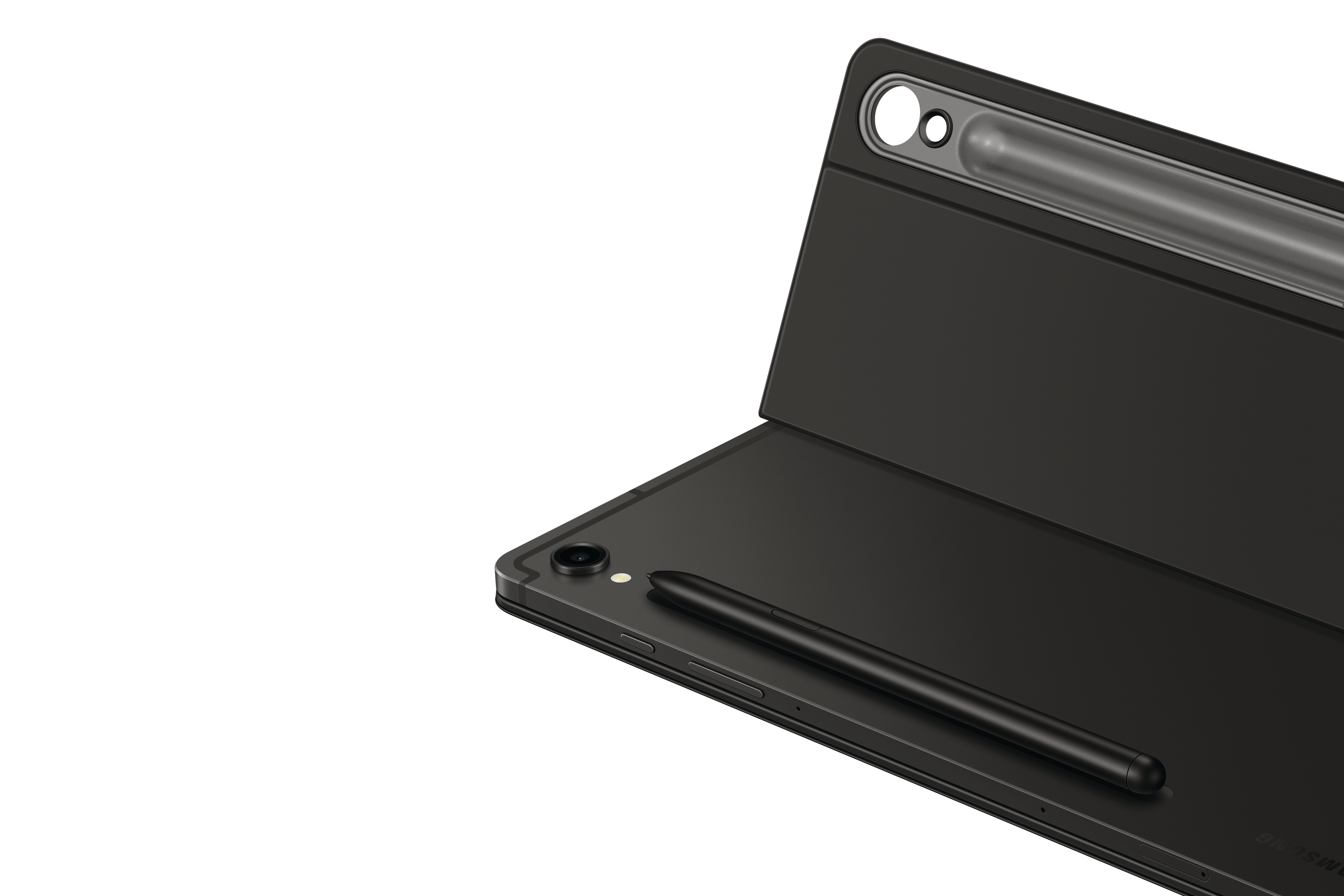 Ein schwarzes Tablet mit einem schwarzen Stift. Das Tablet befindet sich in einer schwarzen Hülle. Der Stift liegt auf der Hülle.