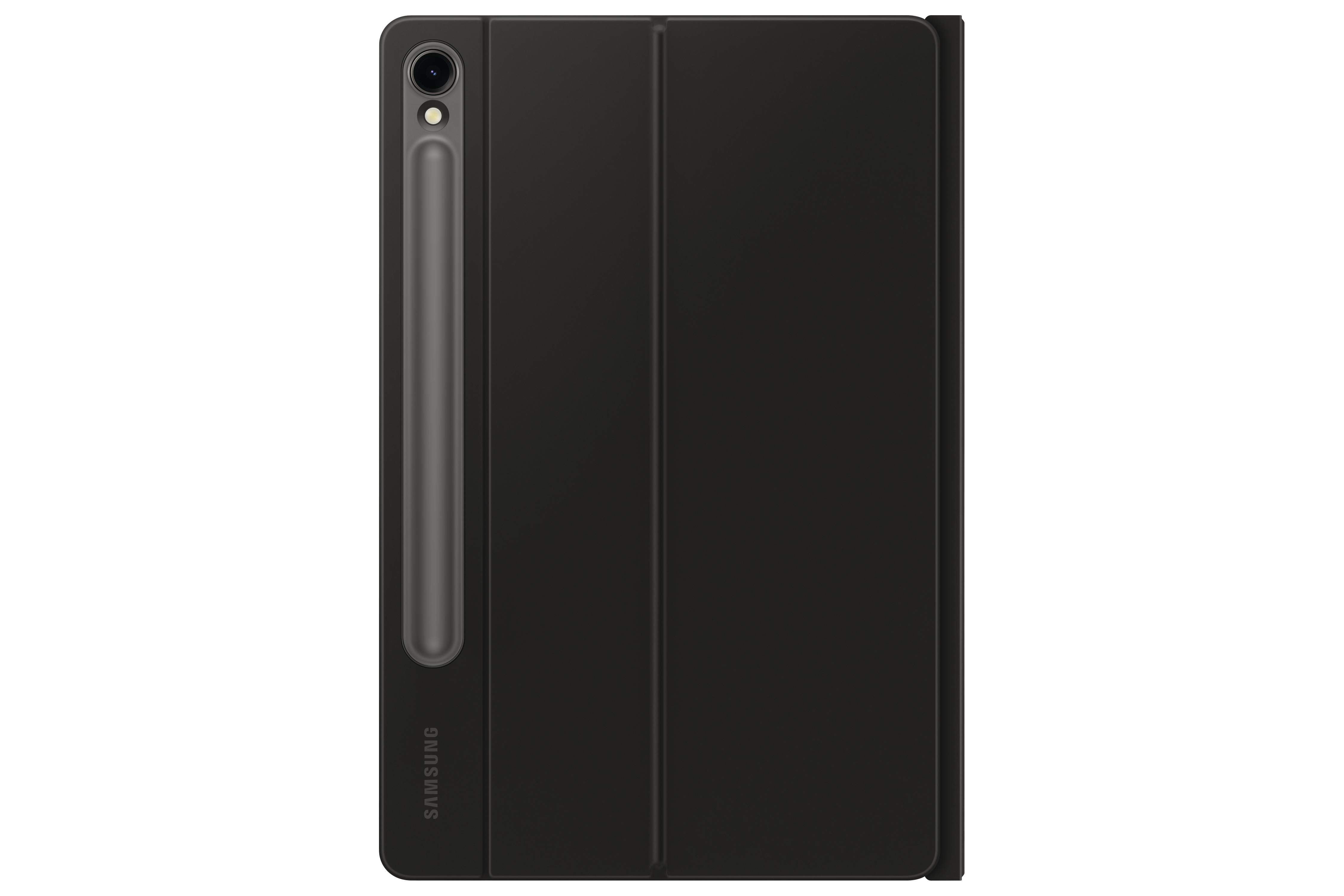 Schwarze Tablet-Hülle mit Stifthalter und Stift, auf weißem Hintergrund.