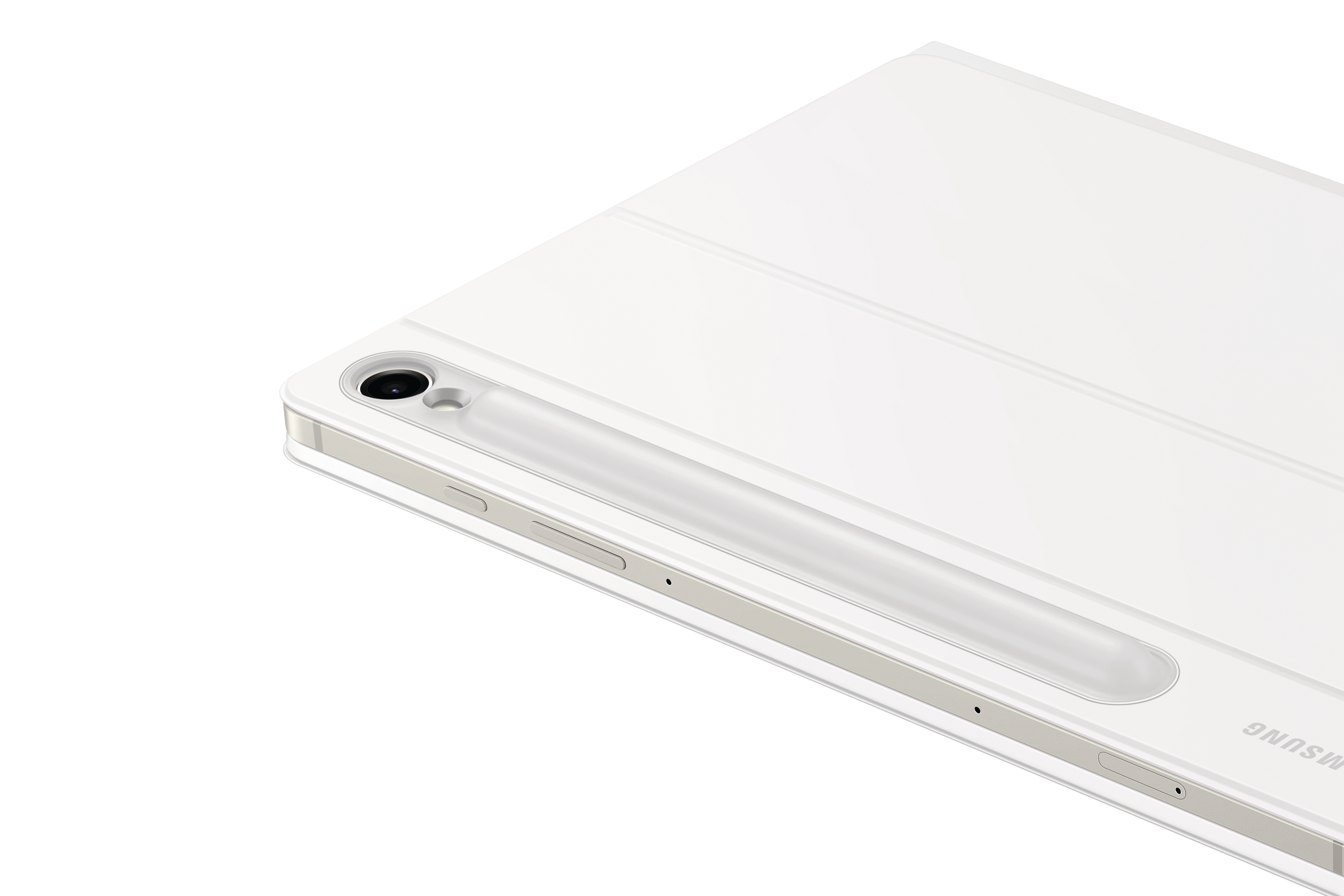 Weißes Tablet mit Stift, schräge Ansicht.
