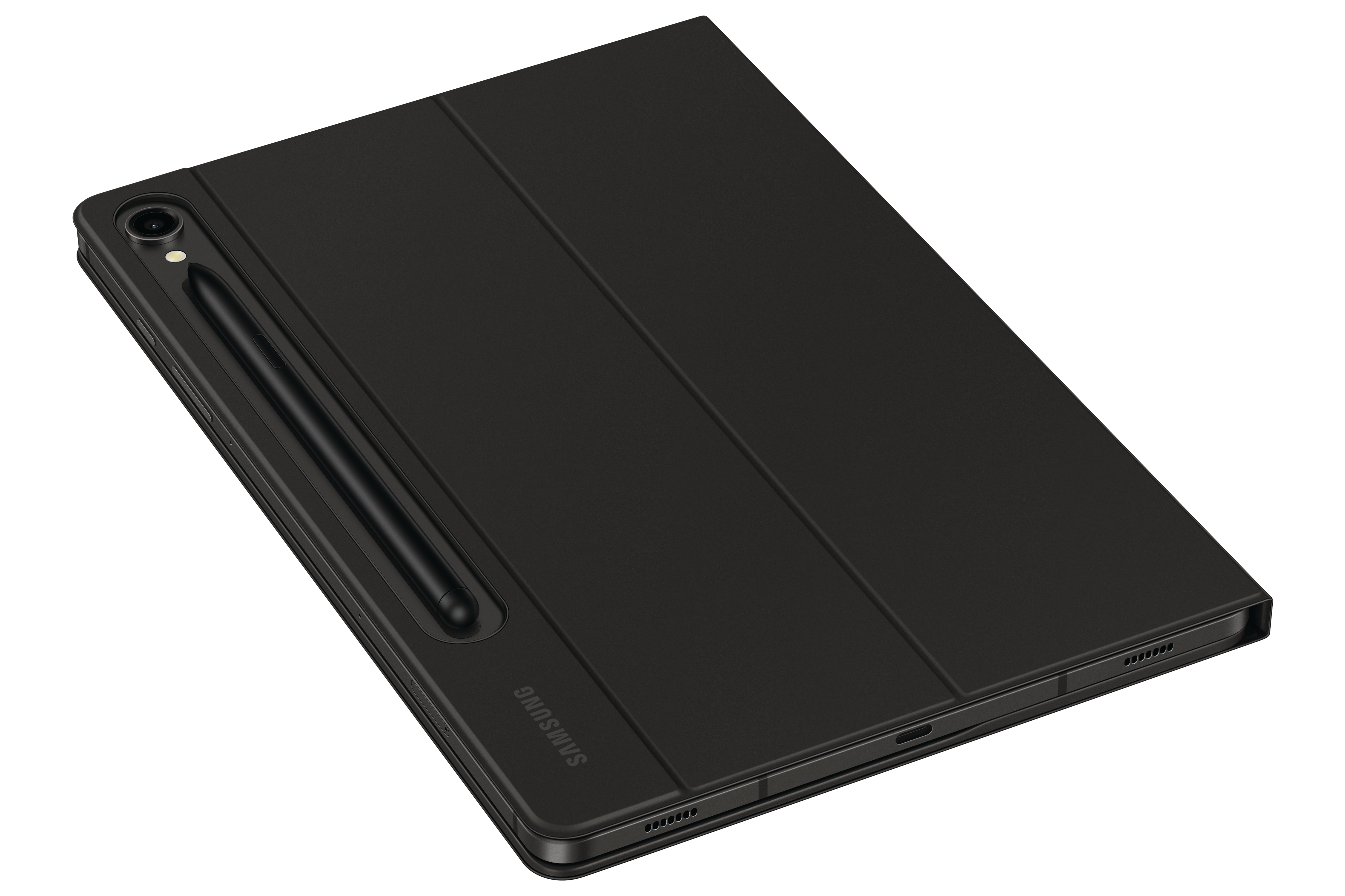 Schwarzes Tablet mit geöffneter Hülle. Stift an der Seite, Samsung-Logo unten links.