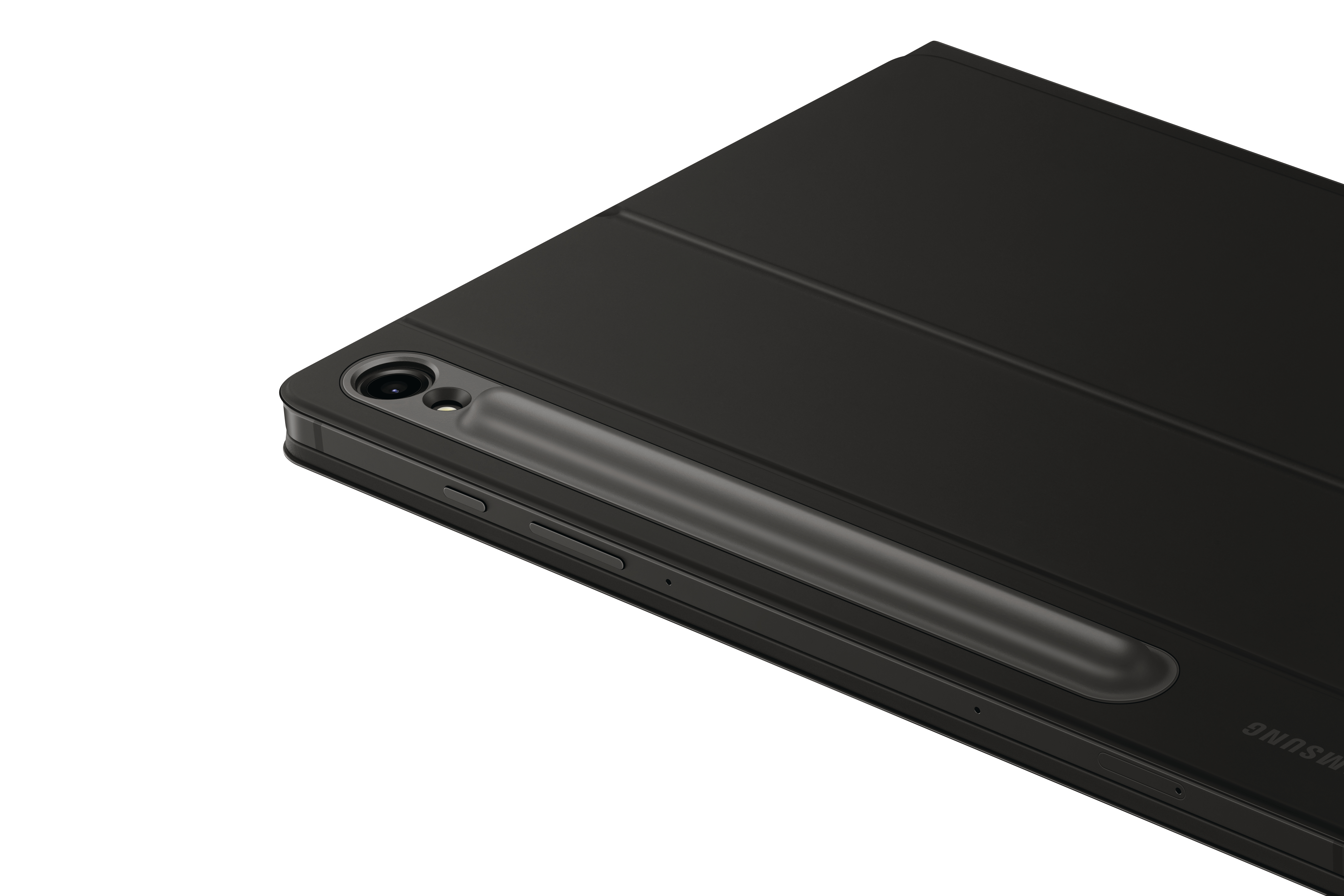 Schwarzes Tablet mit Seitentasten, Kamera und S Pen-Halter. Weißer Hintergrund.