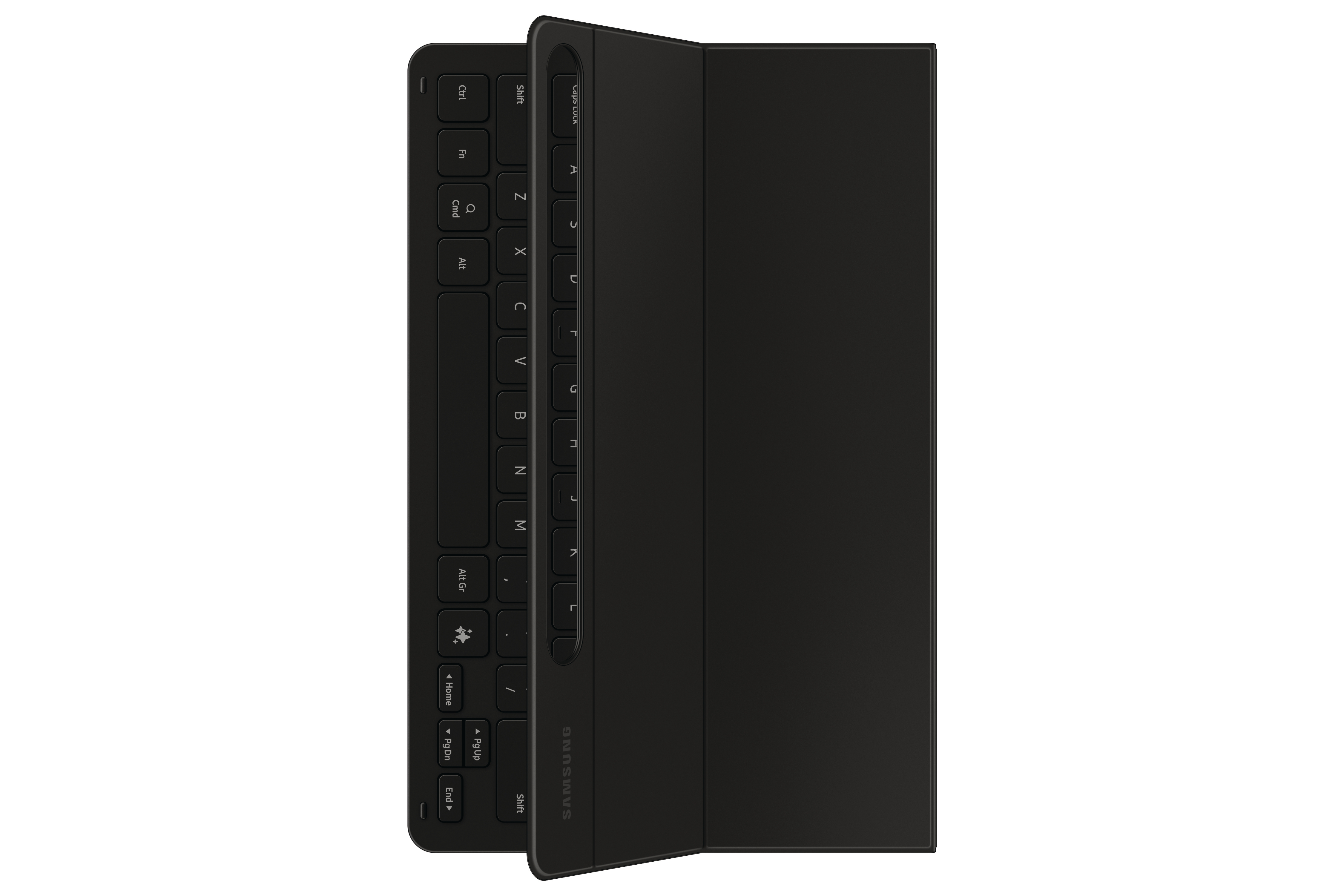 Eine schwarze Tastaturabdeckung. Die Tastatur ist sichtbar, mit einer daran befestigten Abdeckung.