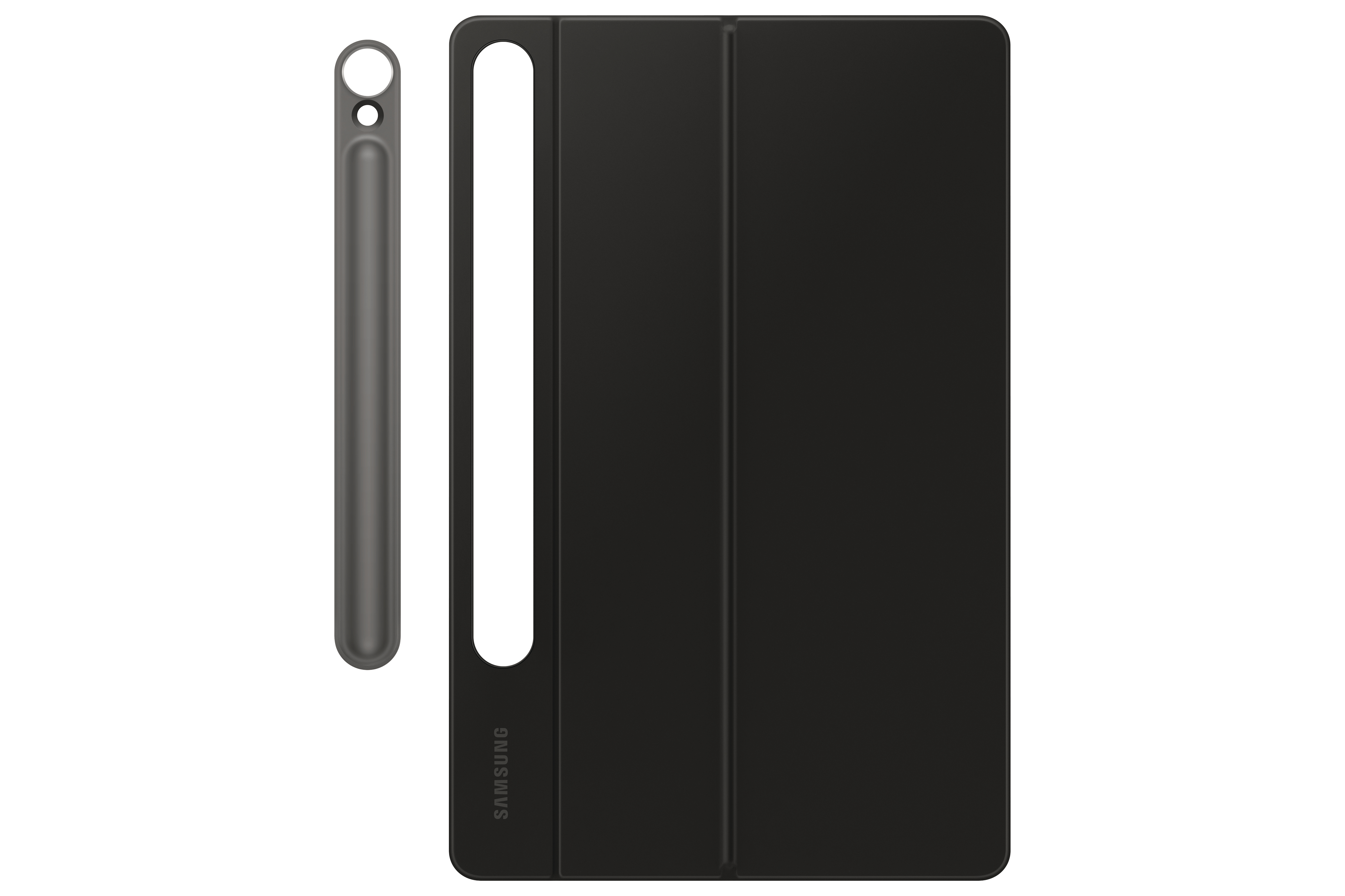 Schwarze Tablethülle mit Stifthalter und abnehmbarem grauen Stift auf weißem Hintergrund.
