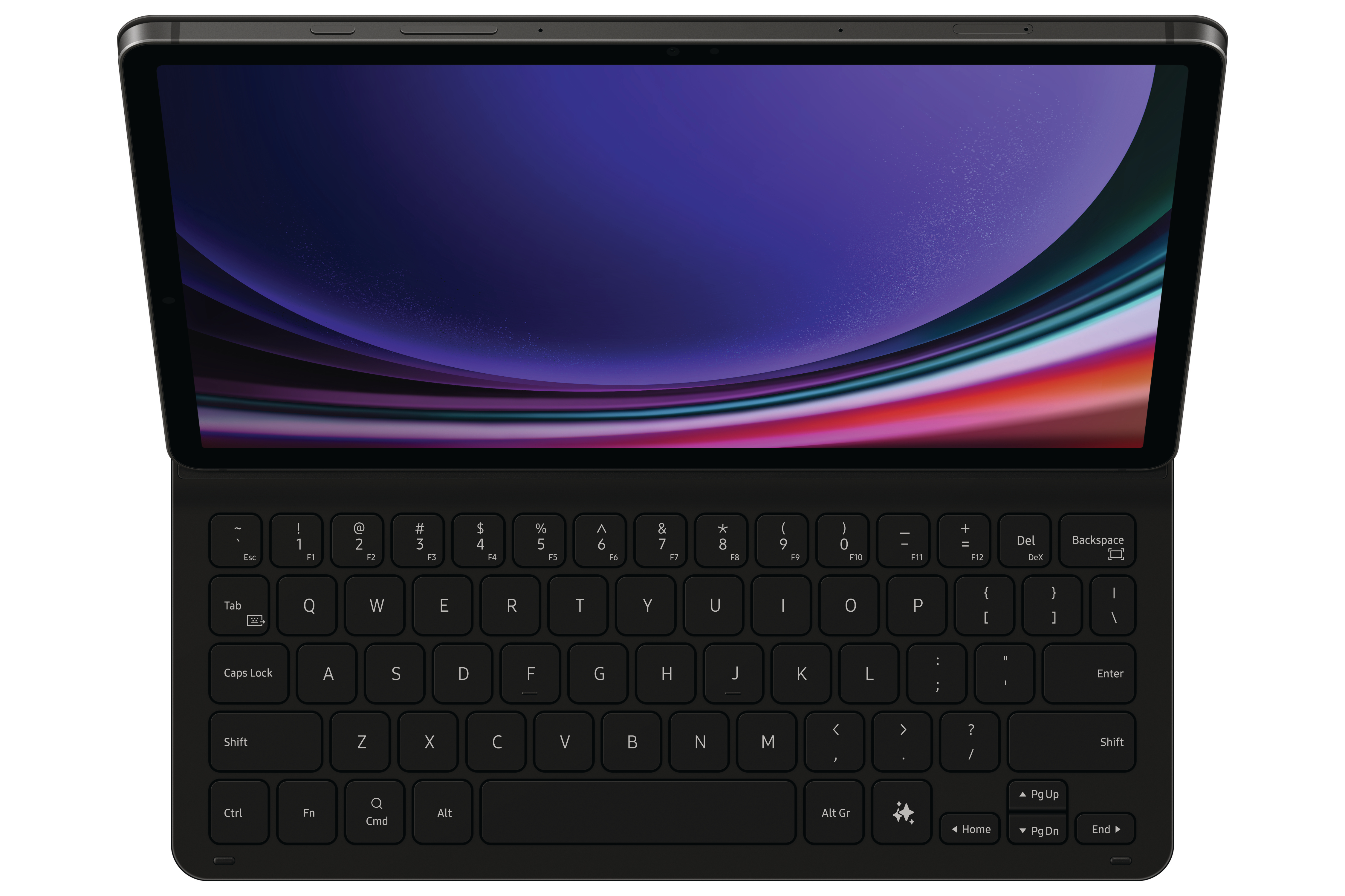 Schwarzes Tablet mit Tastaturhülle und farbenfrohem Bildschirm.