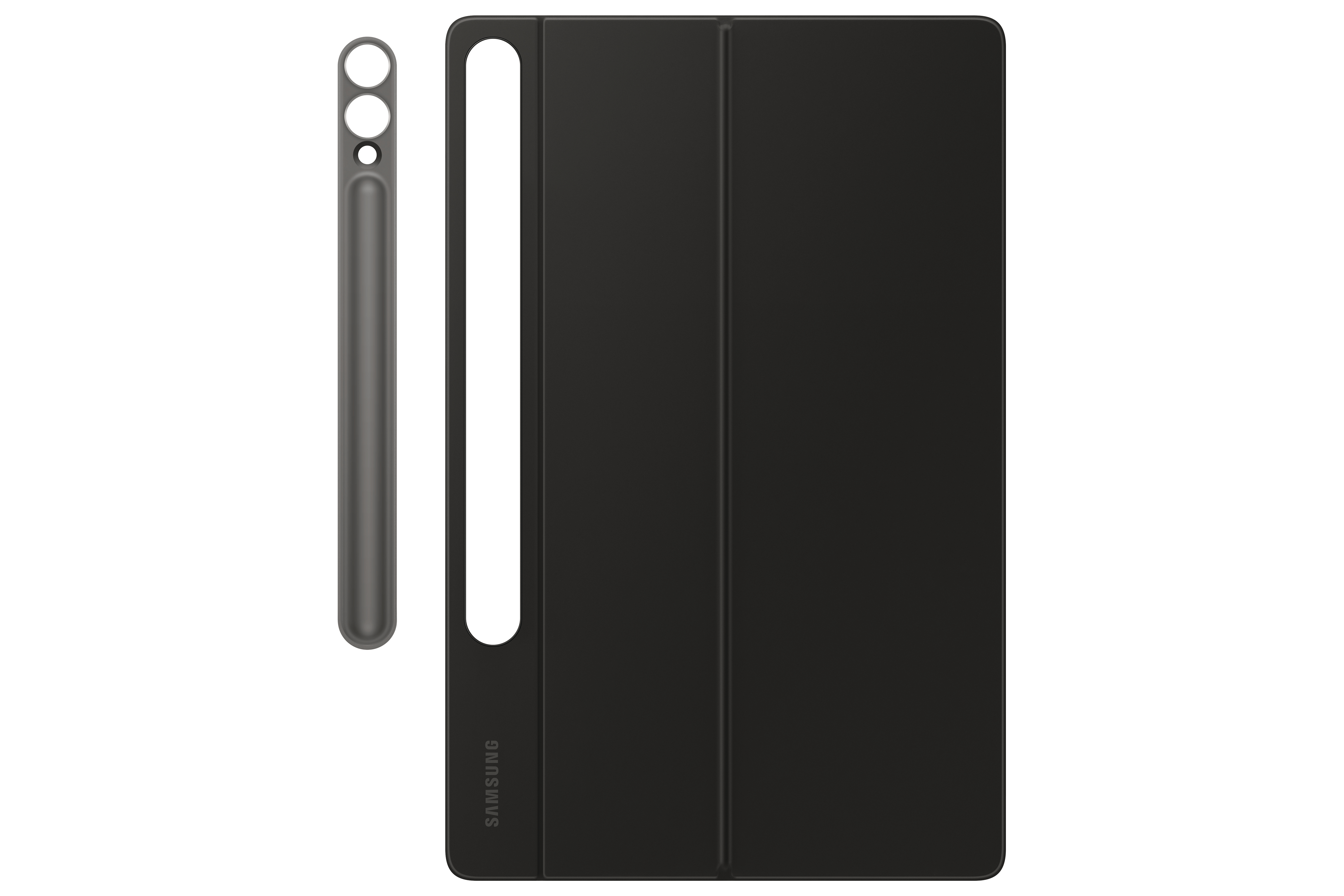 Ein schwarzes Tablet mit Stift und einer dunkelgrauen Hülle.