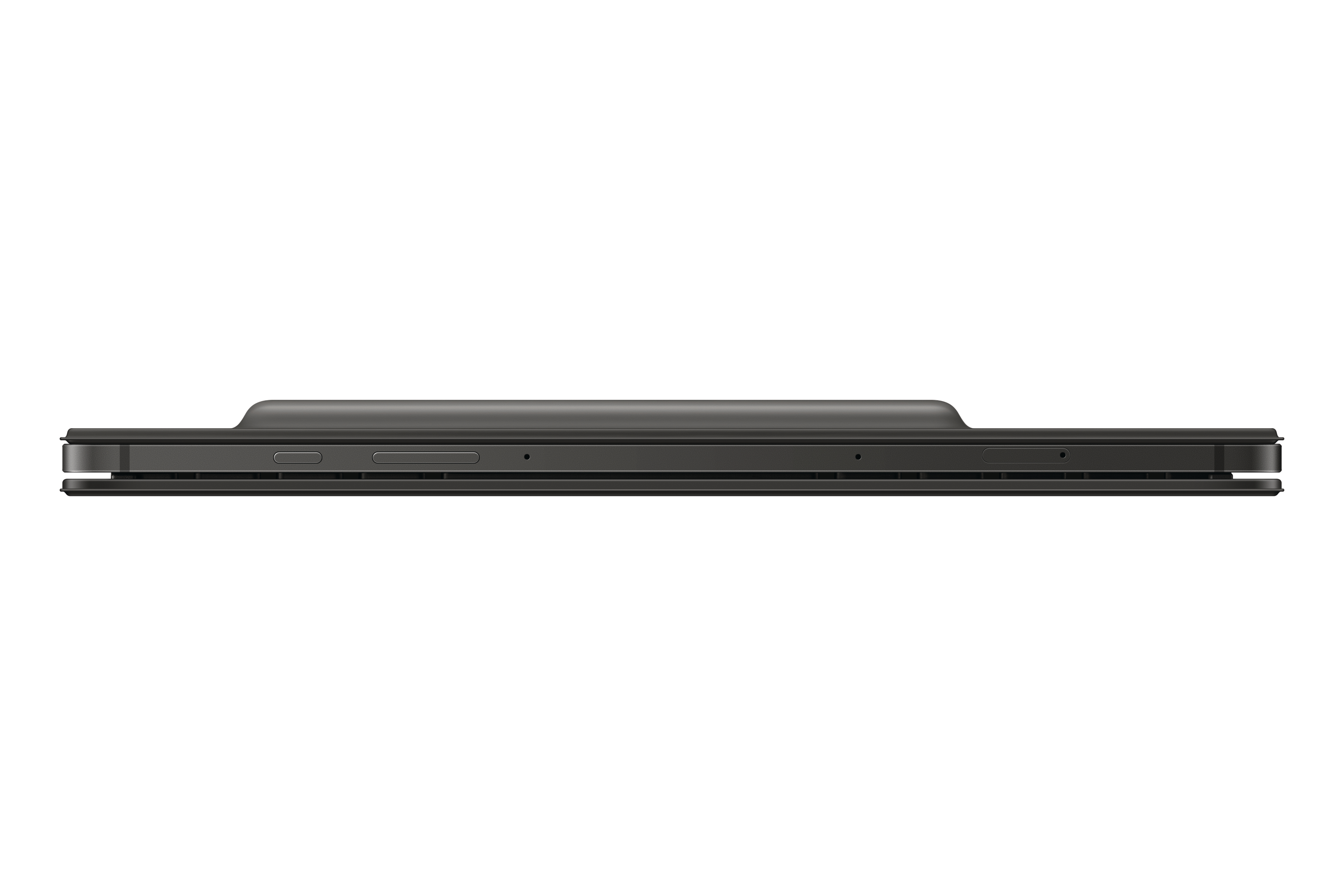 Schwarzes Tablet, Draufsicht, mit Kamera und Seitentasten.