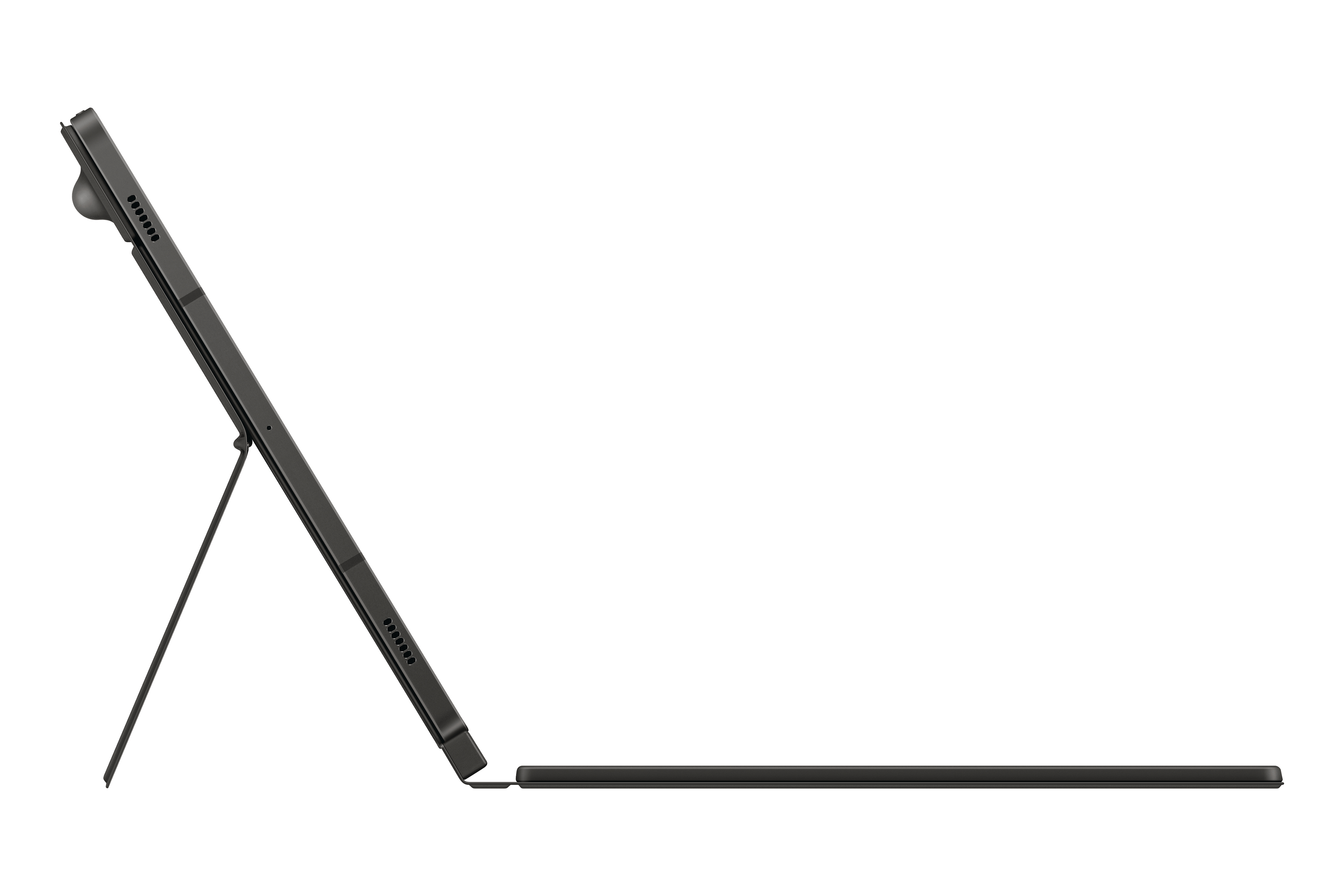 Schwarzes Tablet mit Ständer und Tastatur, von der Seite gesehen.