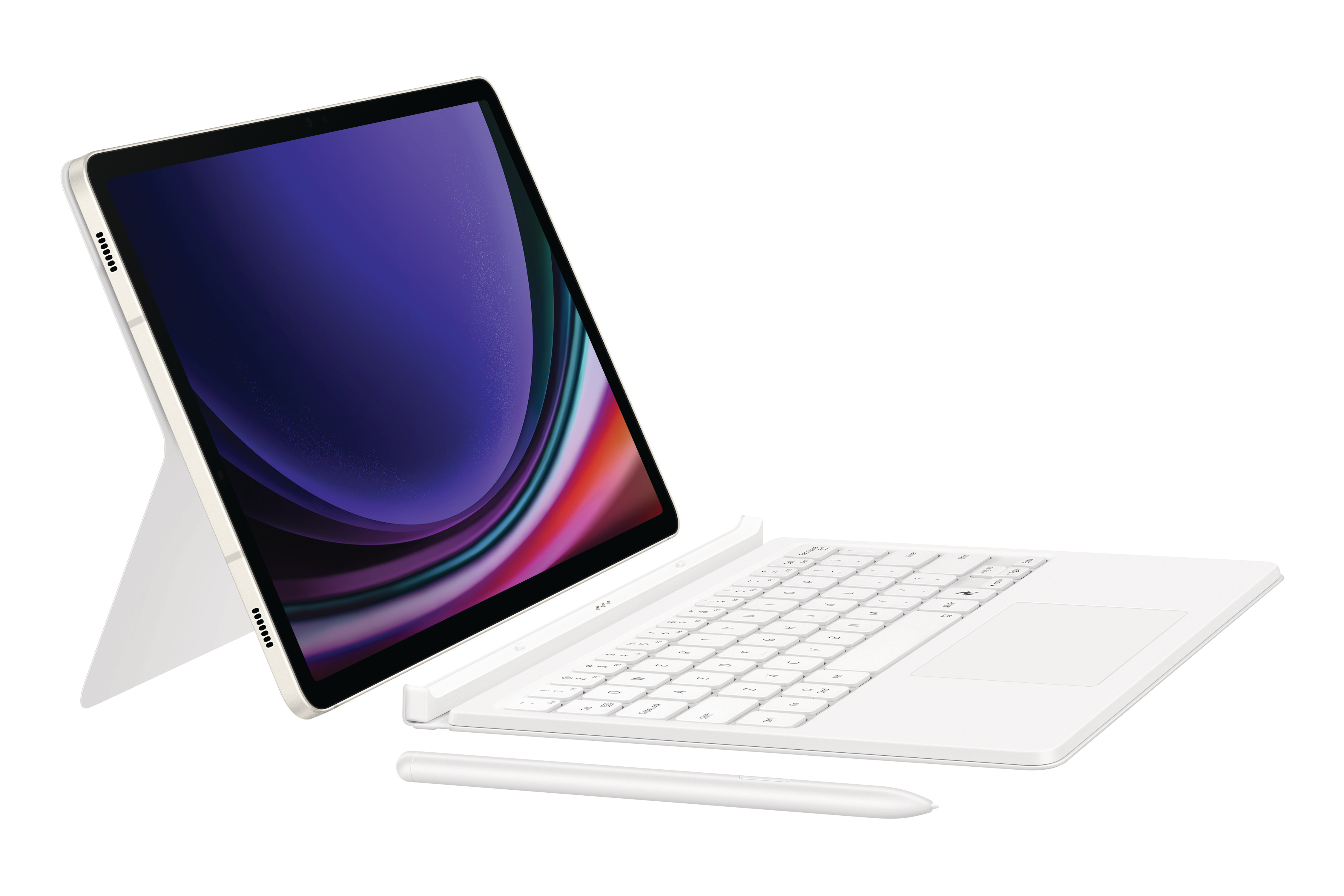 Tablet mit Tastatur und Stift. Weiß gefärbte Geräte. Weißer Hintergrund.