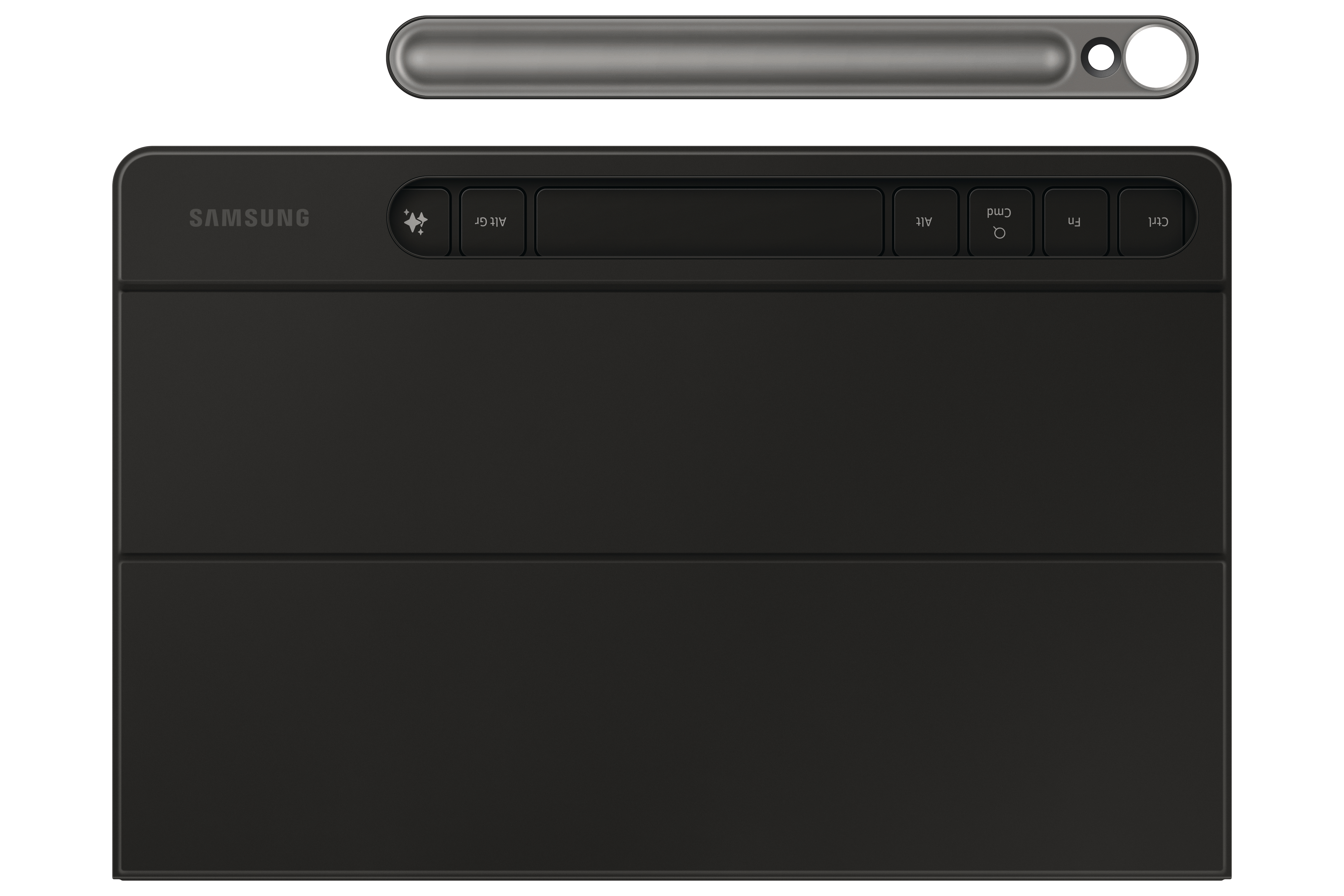 Schwarze Samsung-Tastaturabdeckung mit Stift, mit Tasten und einem Magnetstreifen, auf weißem Hintergrund.