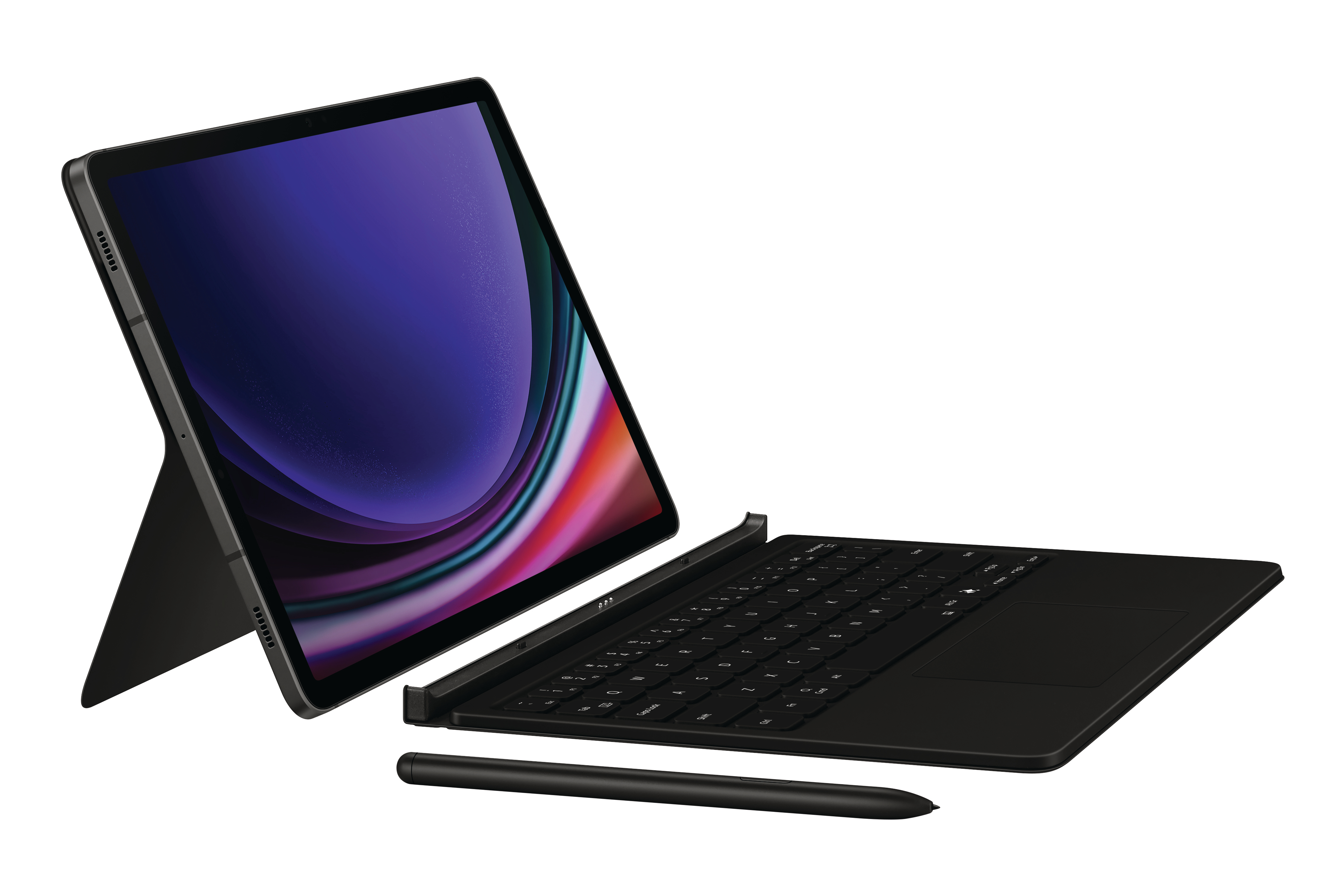 Ein schwarzes Tablet mit Tastatur und Stift auf weißem Hintergrund. Der Bildschirm zeigt ein dunkles, farbenfrohes Bild.