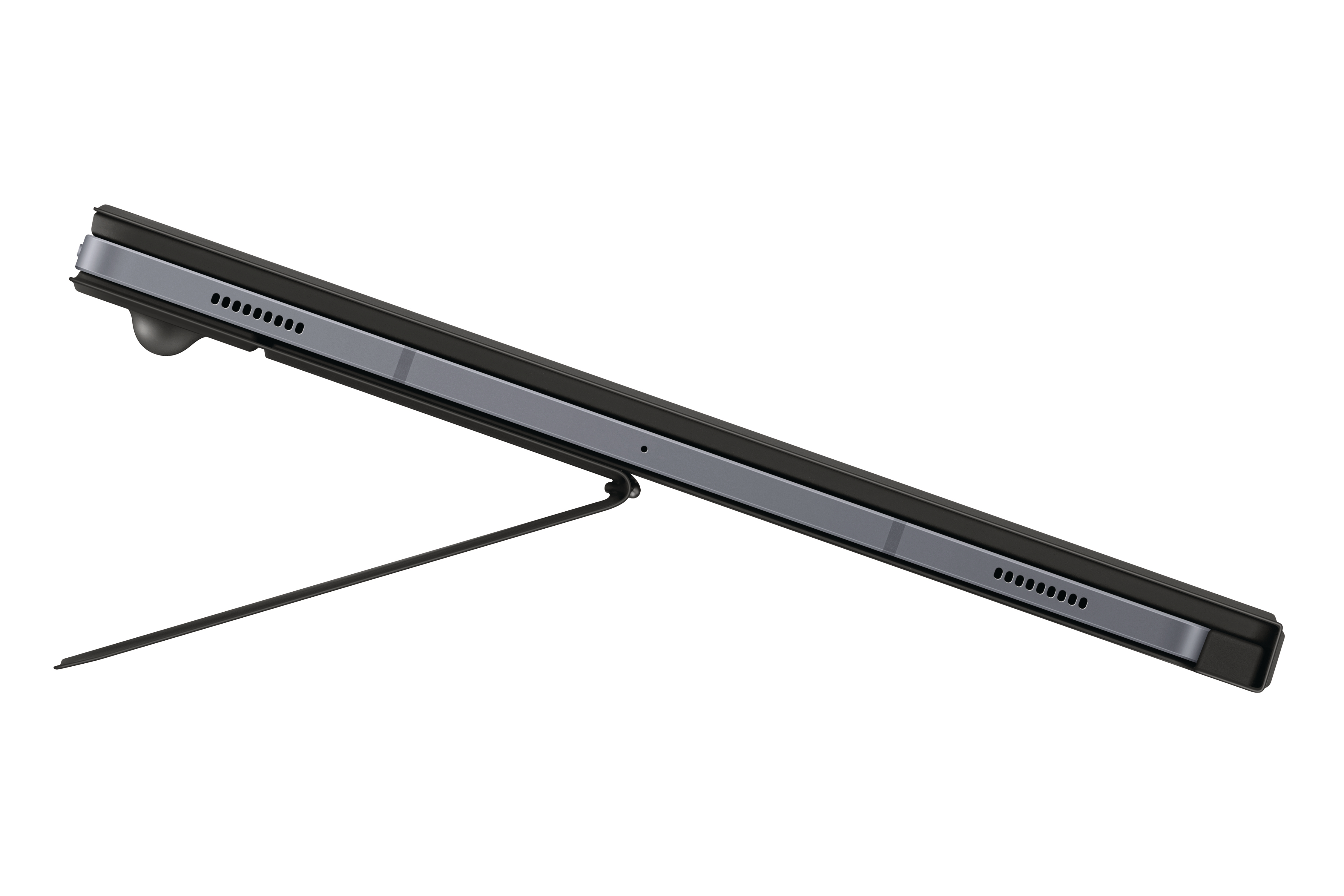 Tablet mit Tastaturhülle in Schwarz, schräg gestellt, Bildschirm nach oben gerichtet.