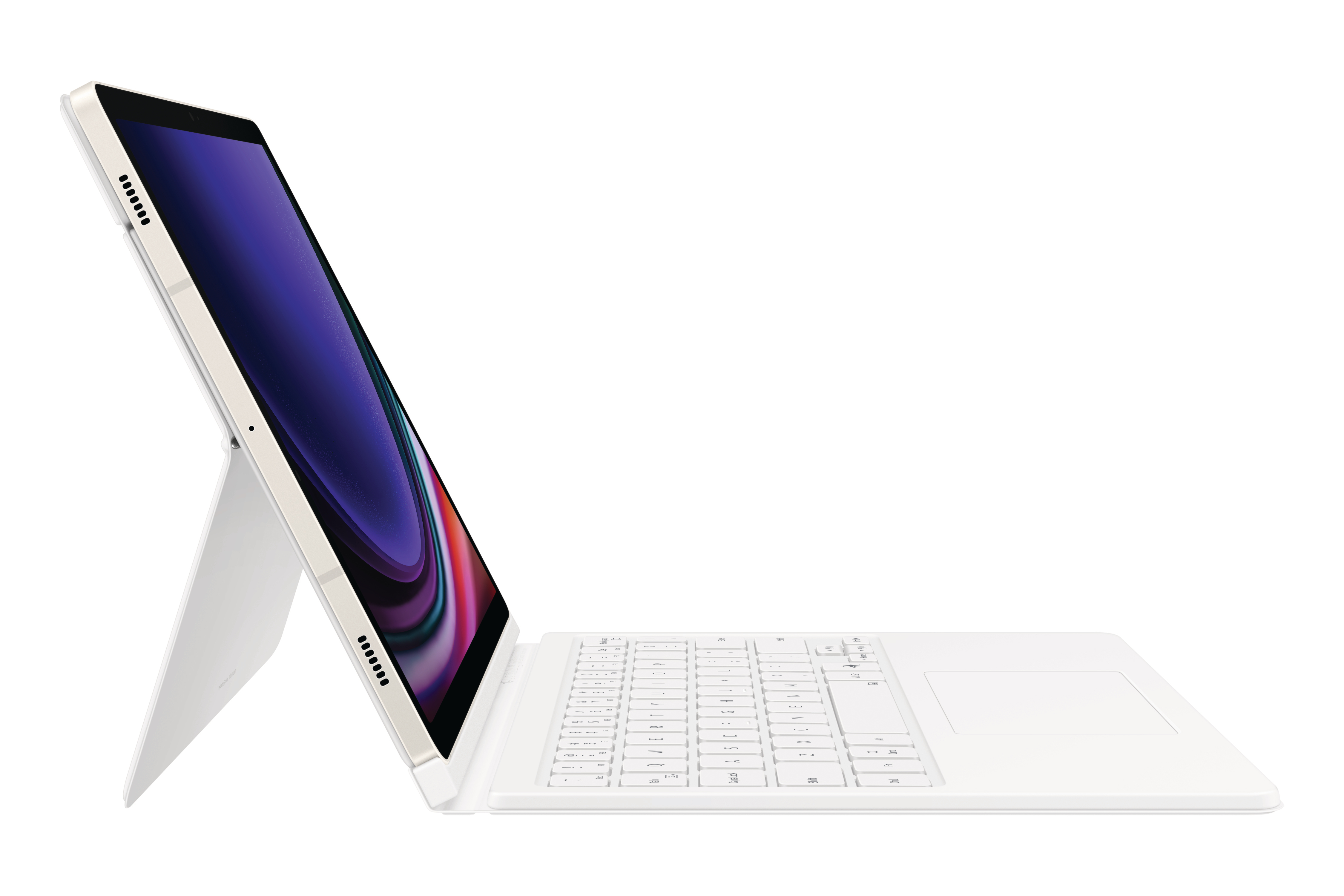 Weißes Tablet mit weißer Tastaturhülle. Der Bildschirm zeigt ein farbenfrohes Bild. Der Hintergrund ist weiß.