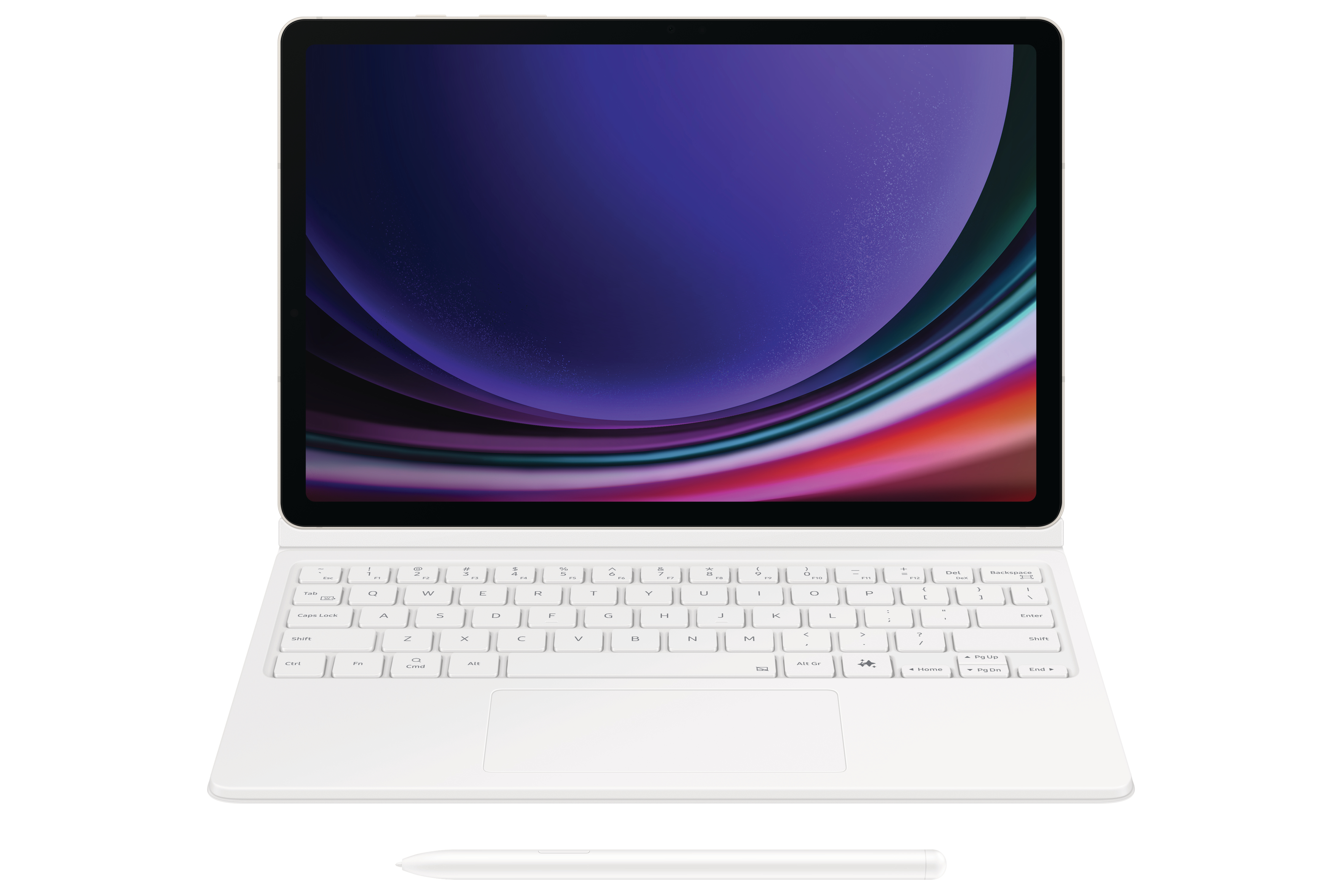 Weißes Tablet mit Tastatur und Stift auf weißem Hintergrund. Der Bildschirm zeigt einen lila Hintergrund.