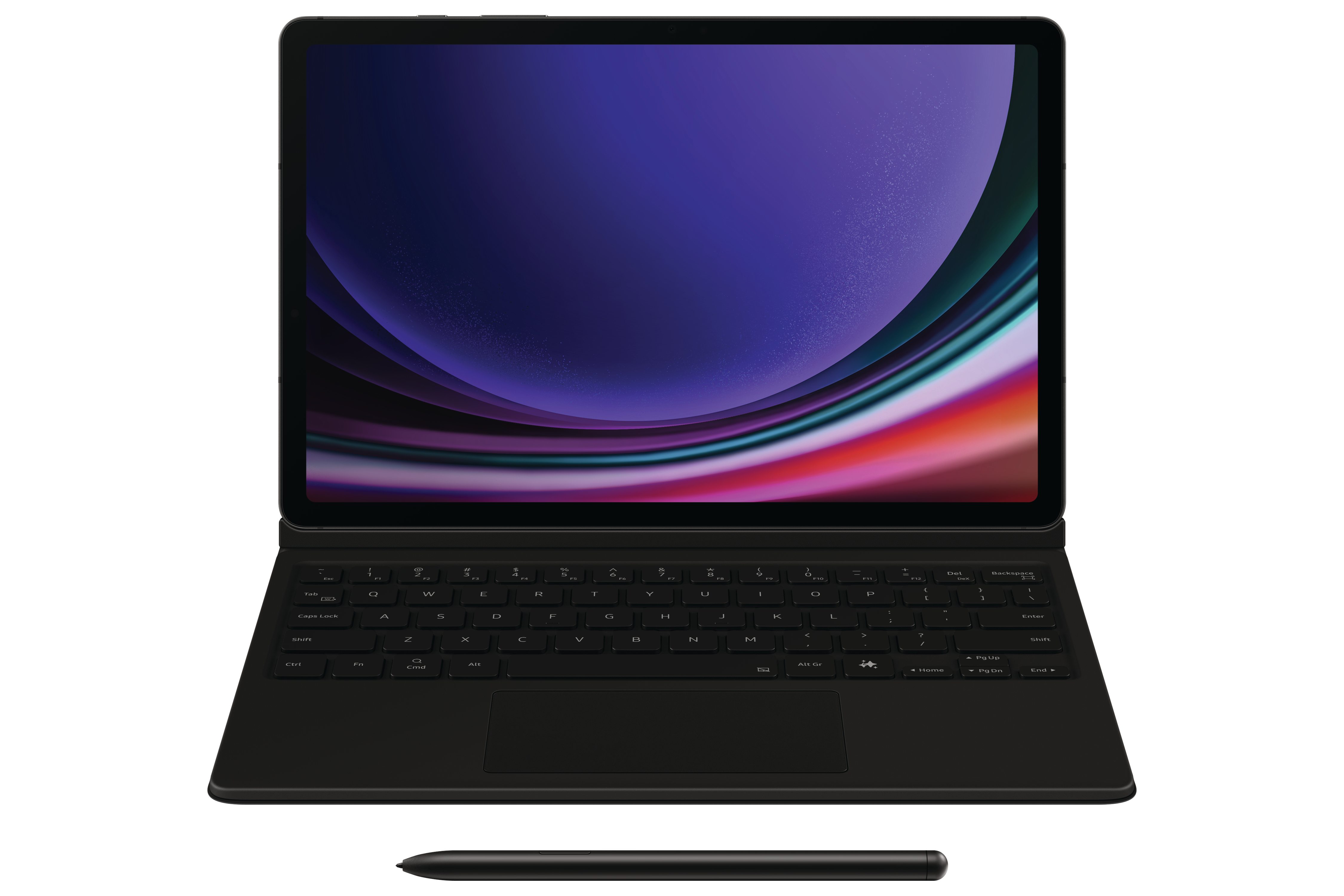 Schwarzes Tablet mit Tastatur und Stift auf weißem Hintergrund. Bildschirm zeigt abstrakte Kunst.