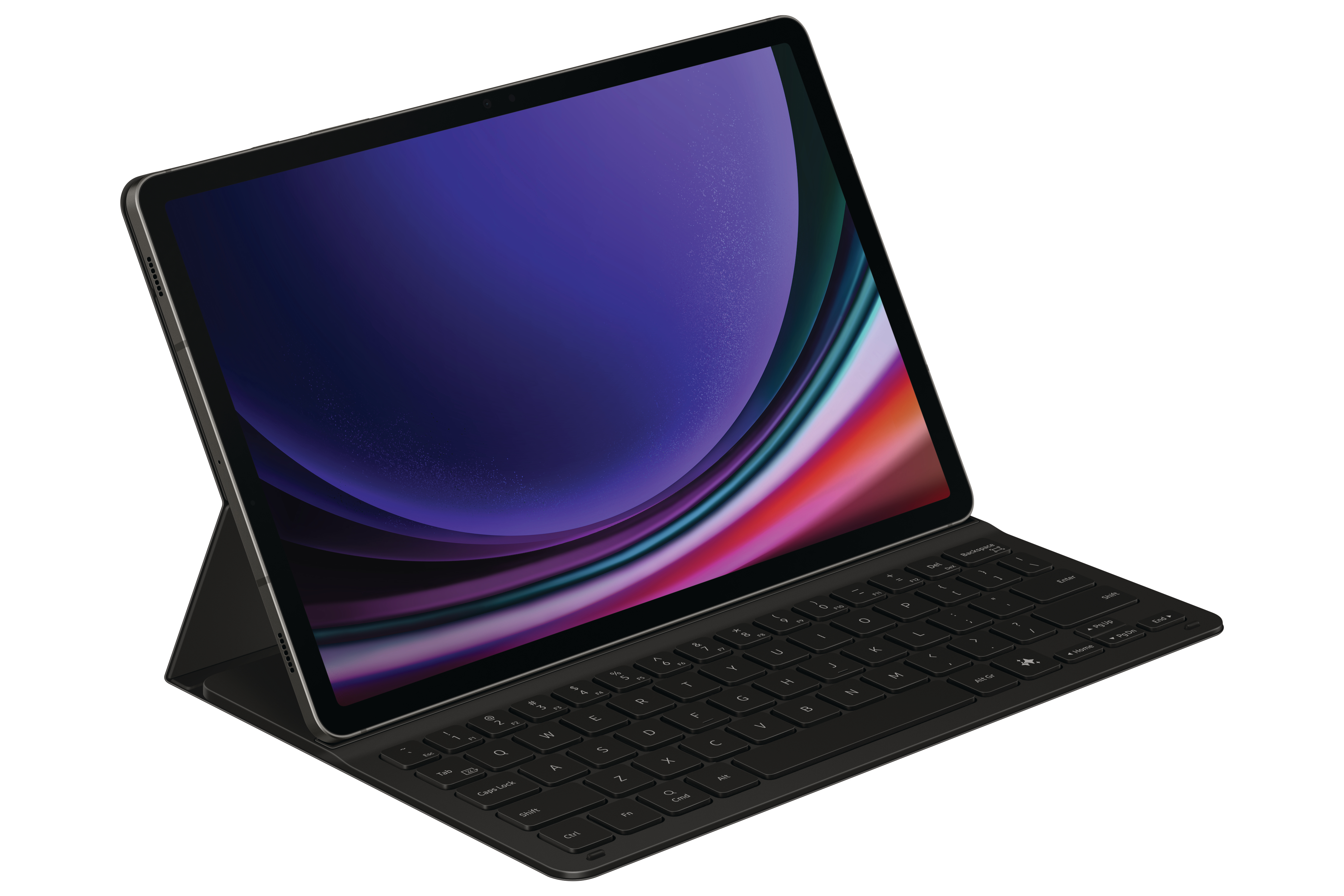 Tablet mit Tastaturhülle. Der Bildschirm zeigt ein farbenfrohes Hintergrundbild.