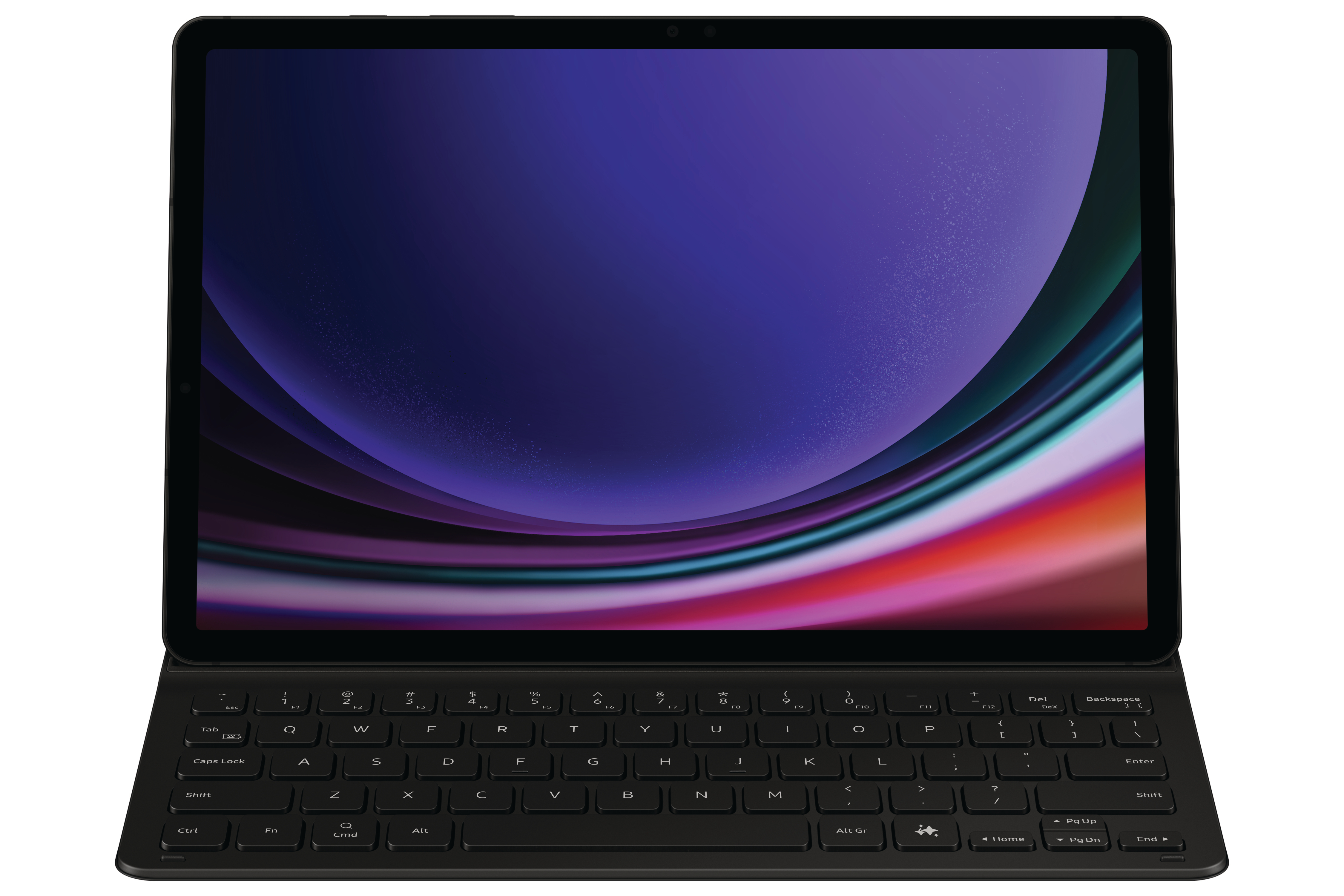 Ein schwarzes Tablet mit angeschlossener Tastatur, Bildschirm zeigt ein farbenfrohes Bild.