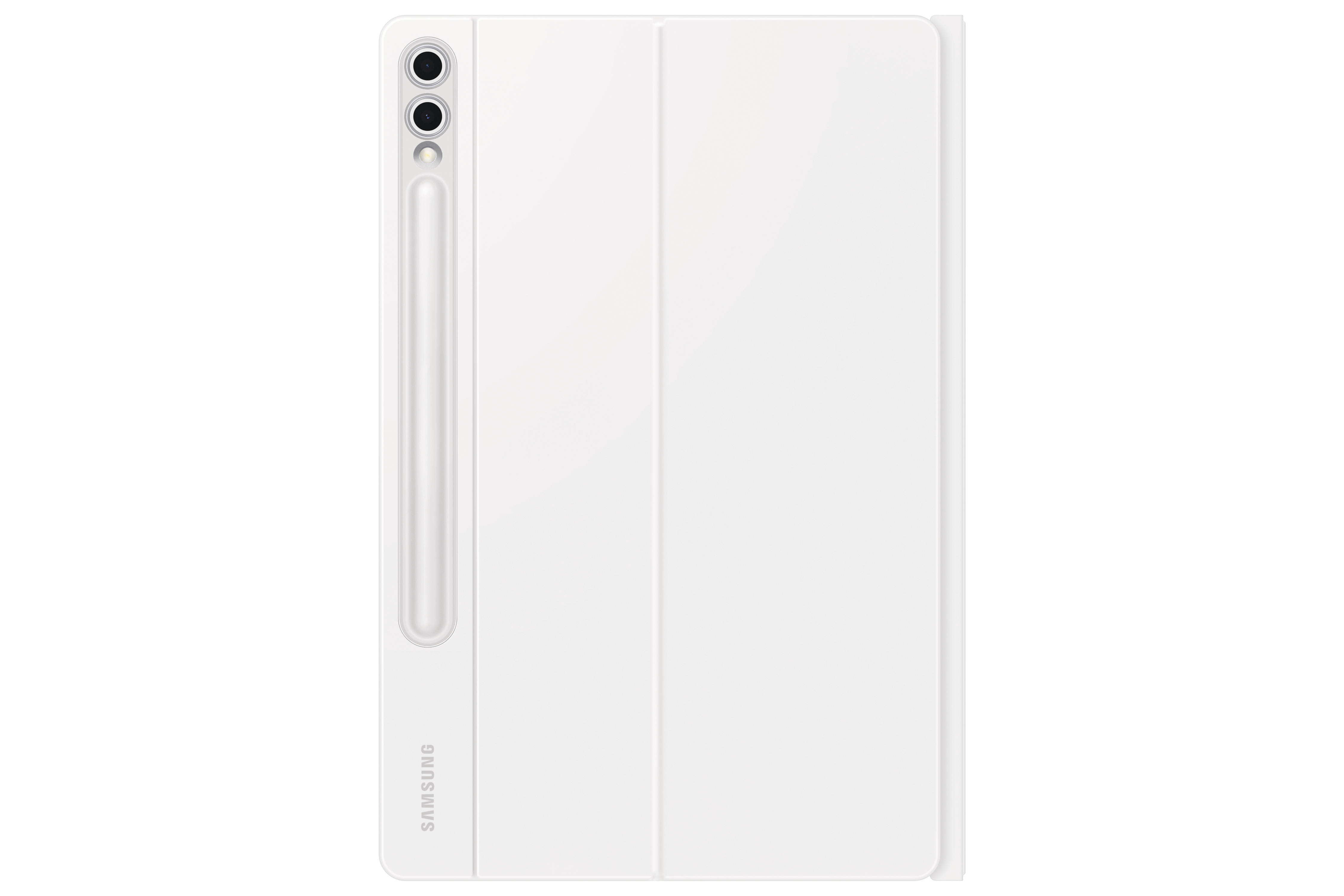 Weiße Tablet-Hülle mit Stifthalter. Die Hülle ist geschlossen und zeigt das SAMSUNG-Logo unten.