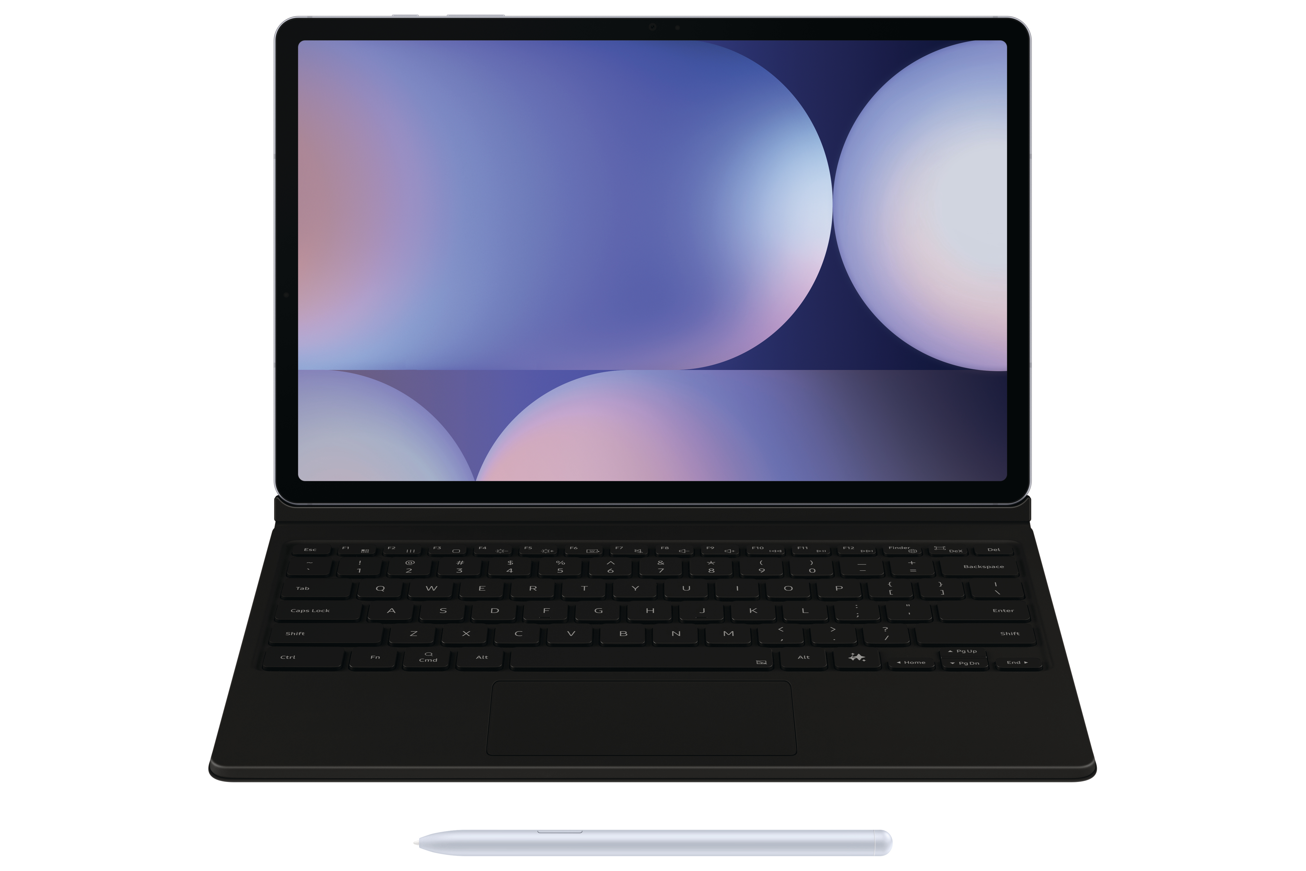 Tablet mit Tastaturhülle und Stift, Bildschirm zeigt blau-weißen Hintergrund.