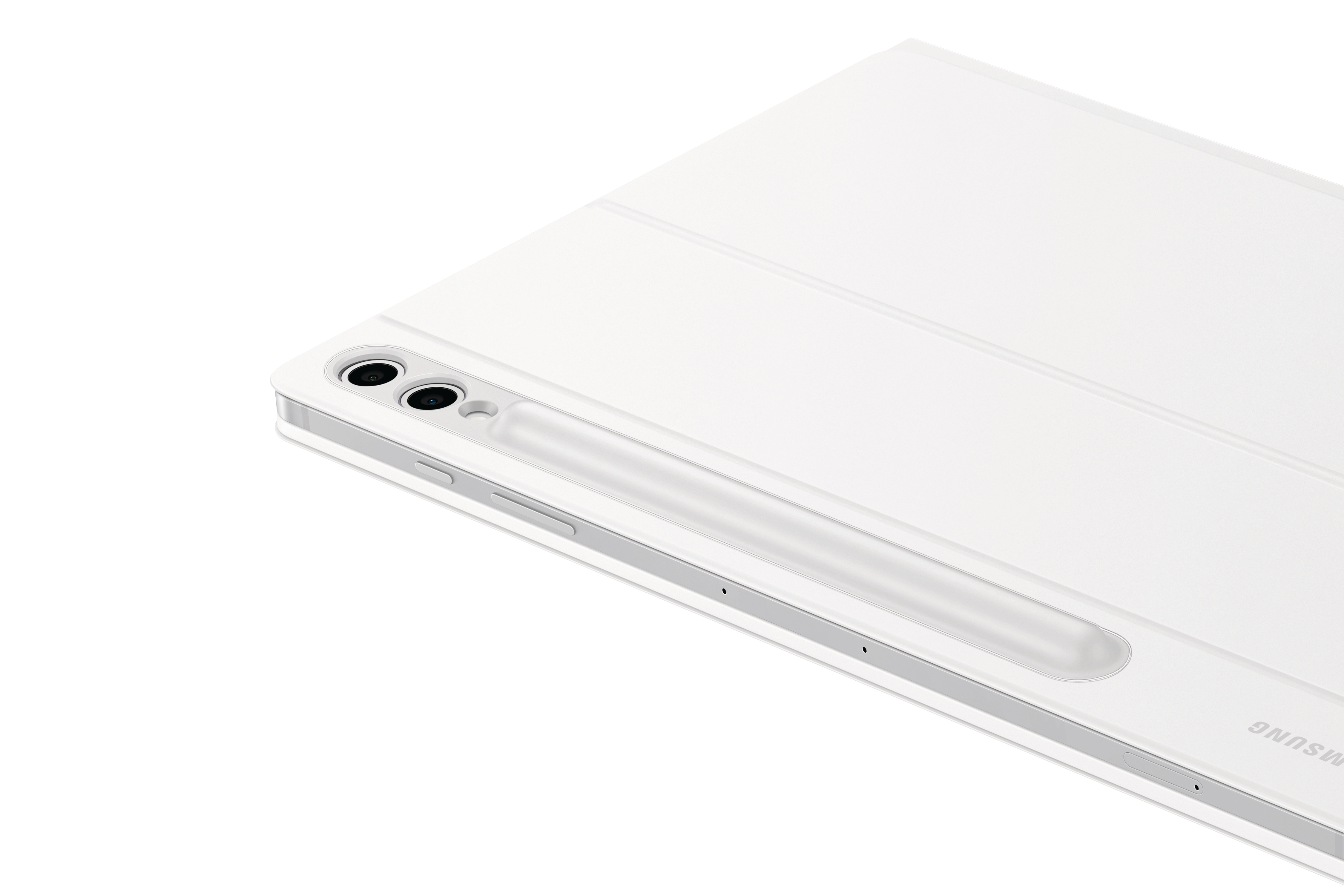 Ein Tablet mit weißem Cover und Stift. Die Rückseite des Tablets sichtbar.