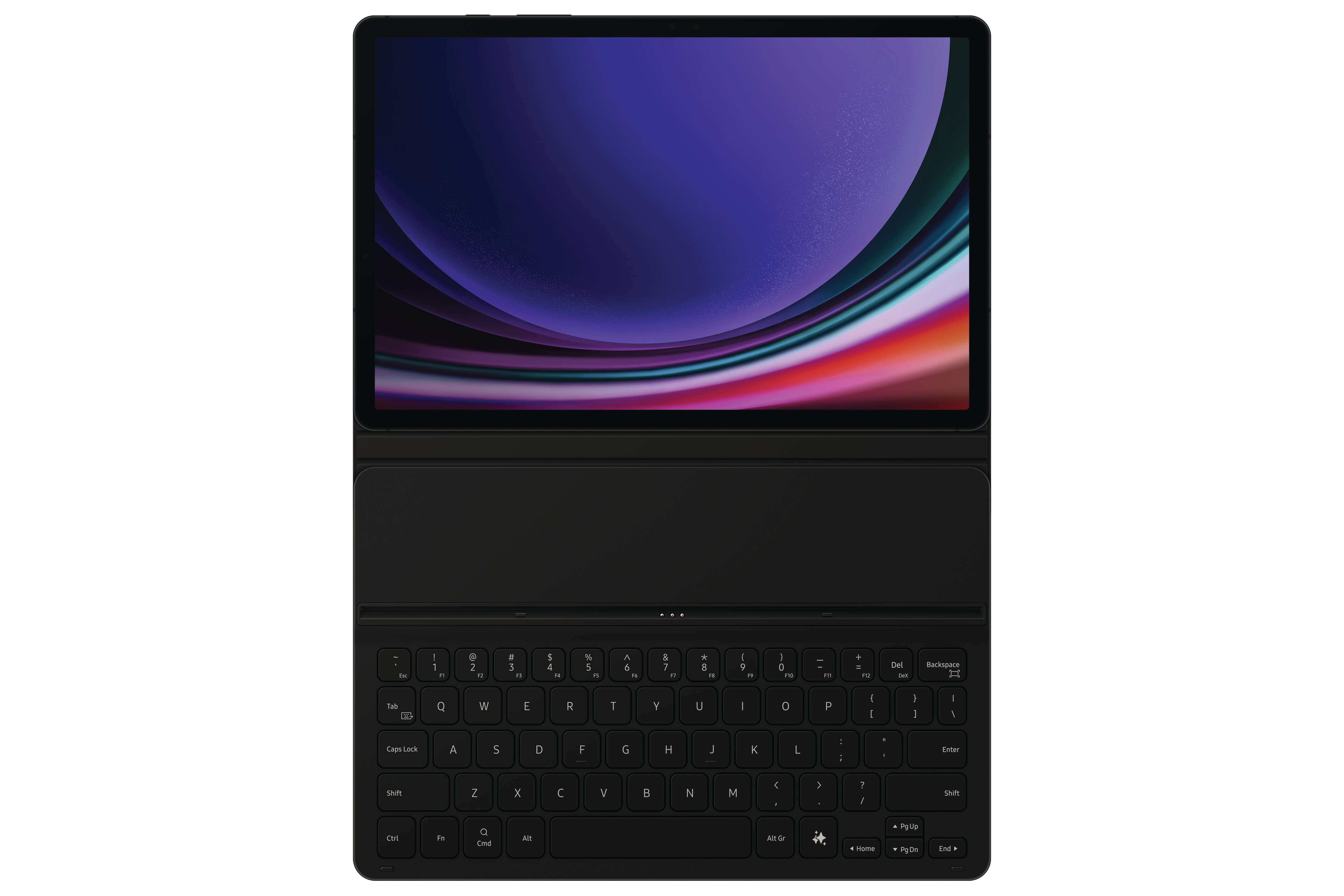 Tablet mit schwarzer Tastatur und Bildschirm, der ein farbenfrohes abstraktes Bild zeigt.
