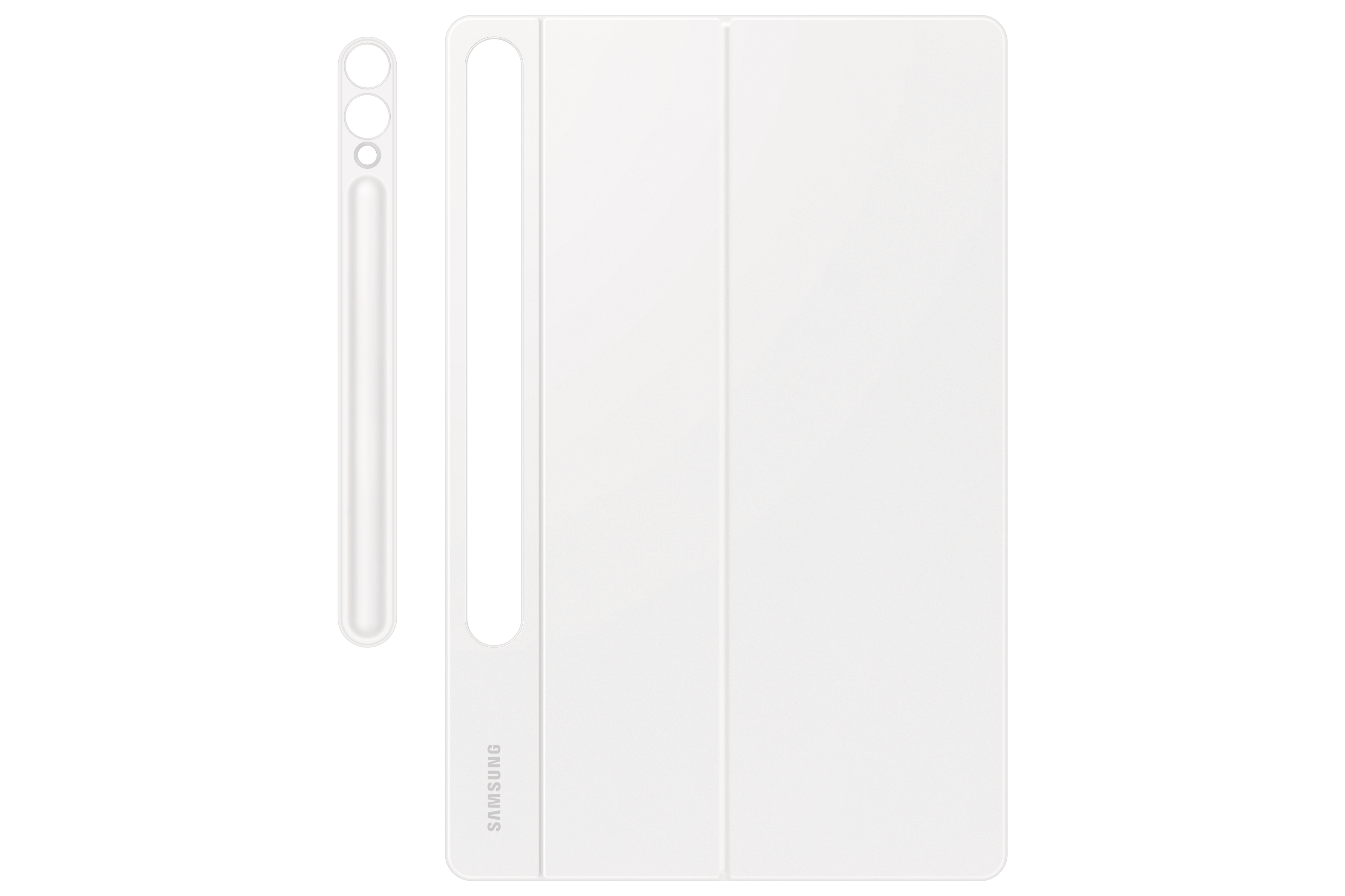 Weißes Tablet-Case und Stift. Case ist gefaltet. Das Samsung-Label ist sichtbar.