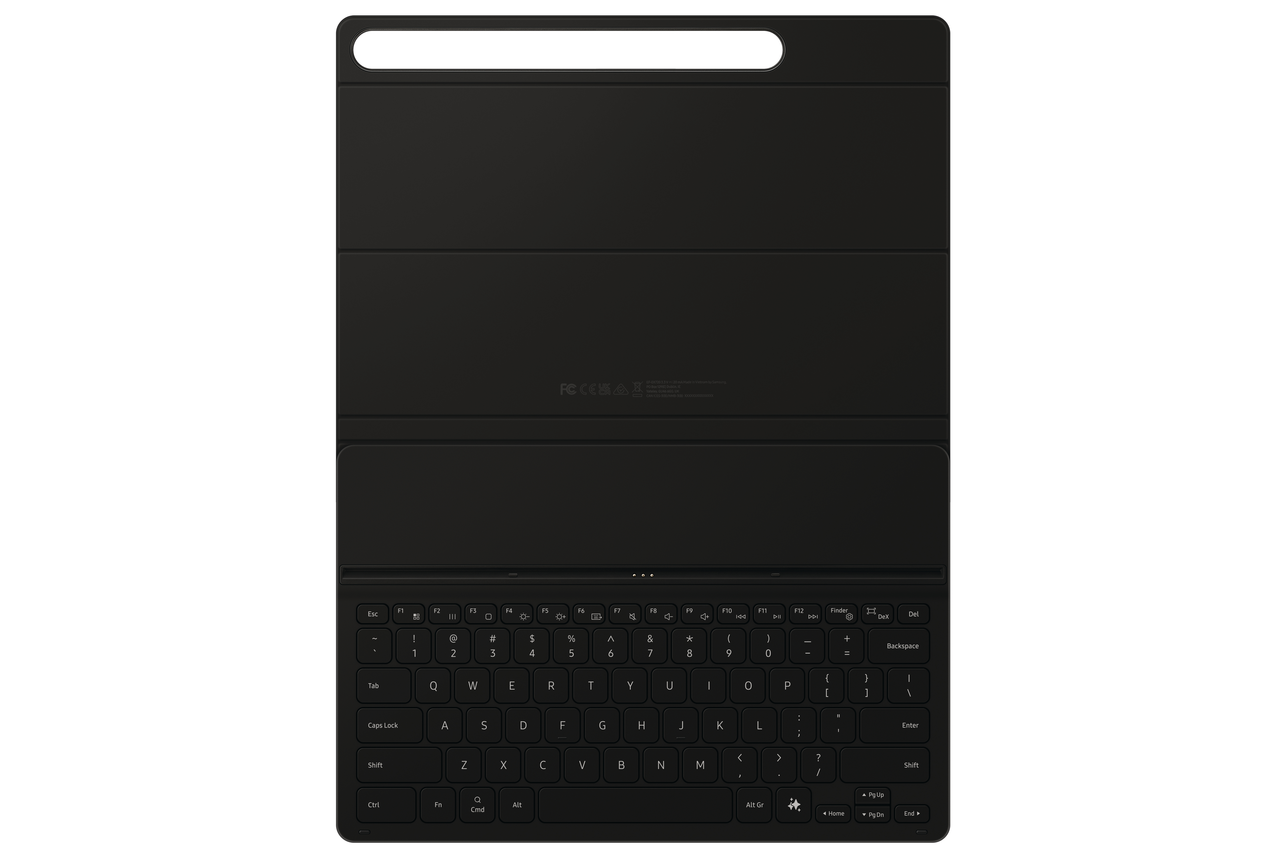 Schwarze Tastaturabdeckung mit Tastatur. Die Tastatur ist schwarz mit weißen Buchstaben und Symbolen.