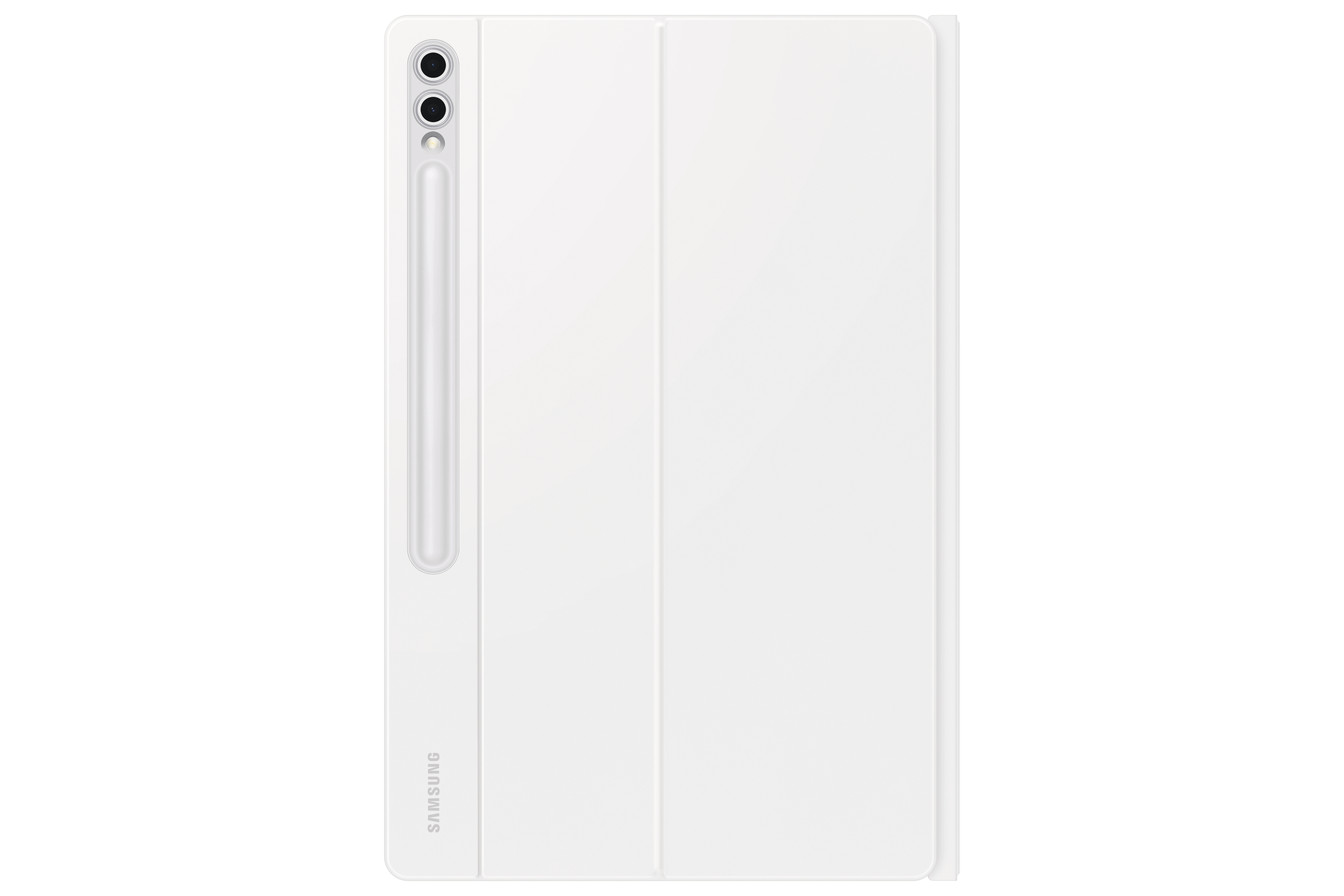 Weißes Tablet mit weißer Hülle und Stift. Samsung-Logo unten.