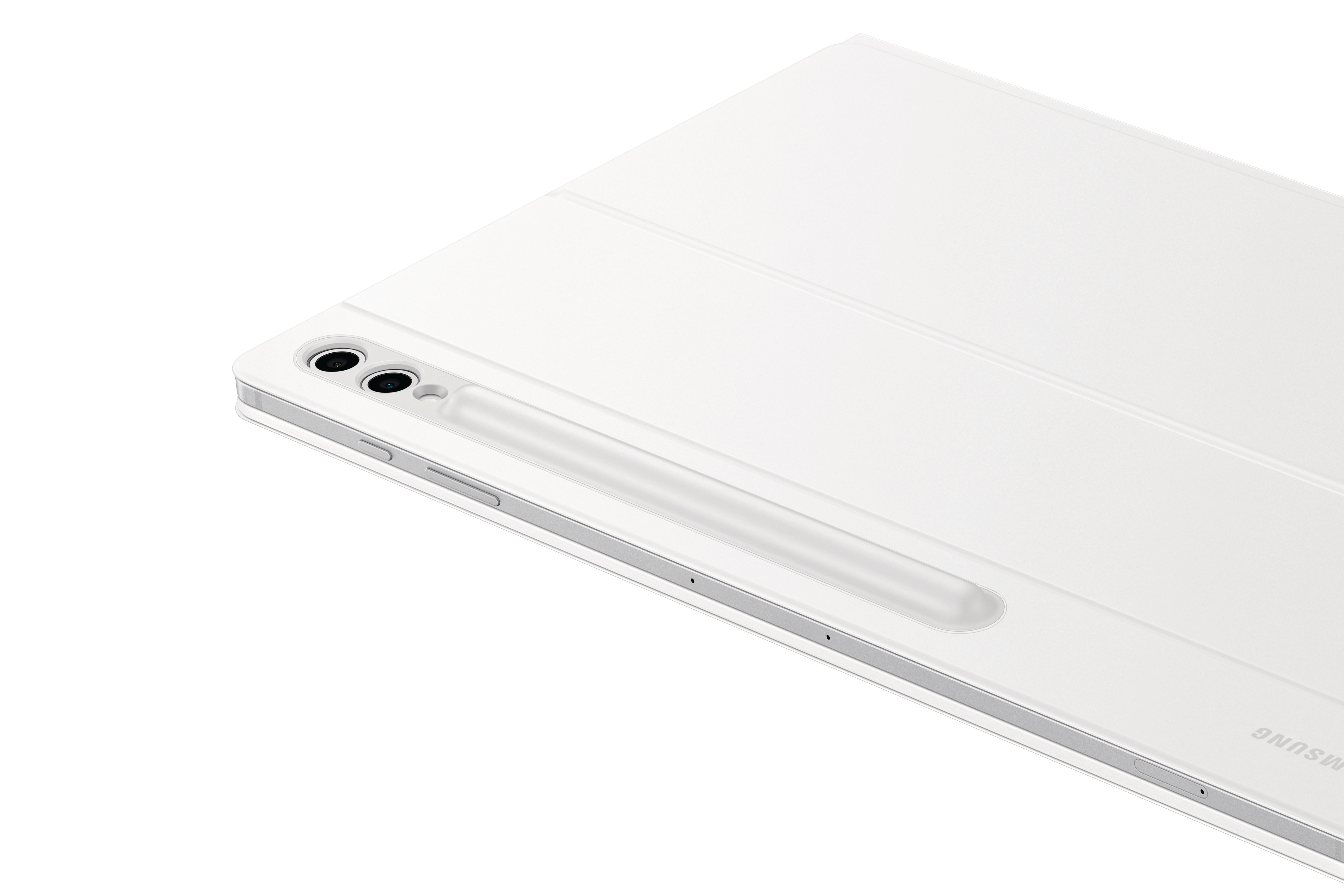 Weißes Tablet mit Hülle und S-Pen. Das Samsung-Logo ist sichtbar. Der Hintergrund ist weiß.