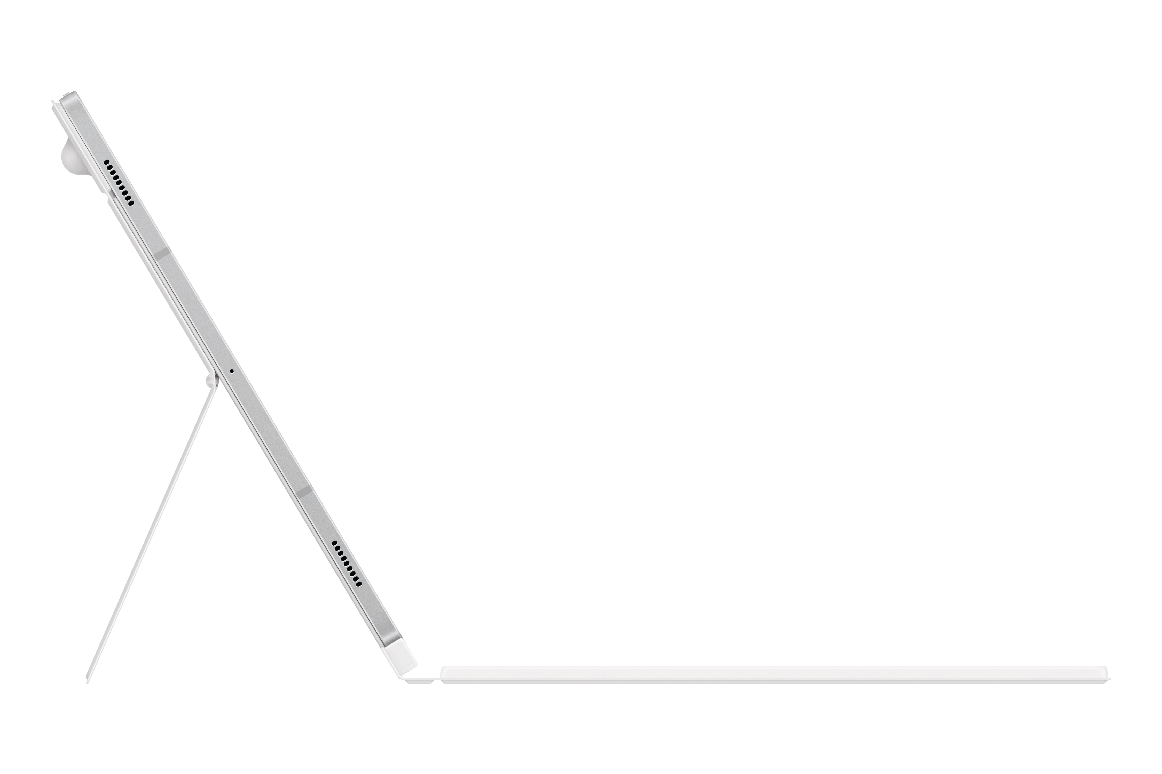 Ein silbernes Tablet mit Ständer und Stift wird auf weißem Hintergrund gezeigt. Das Tablet ist abgewinkelt.