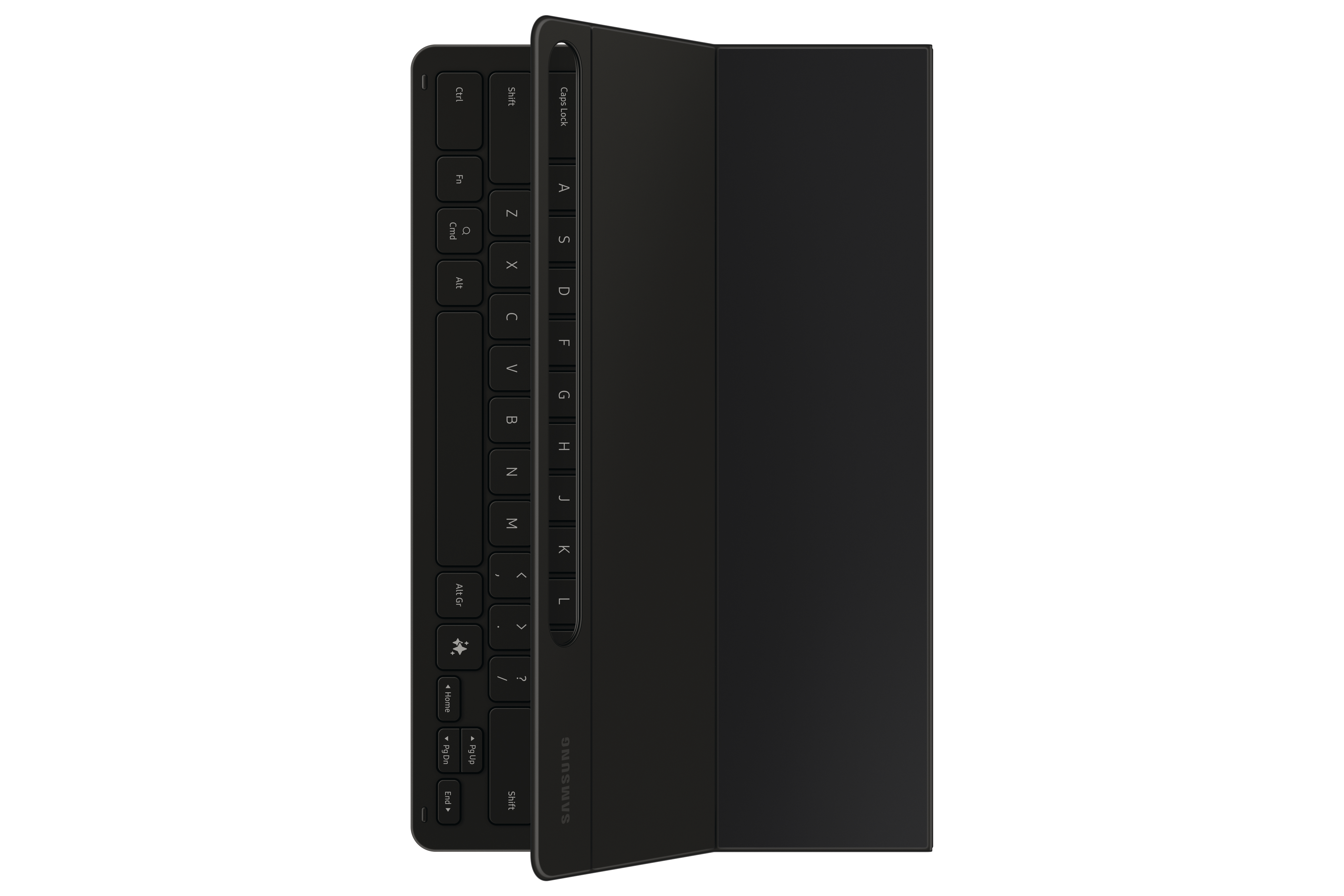Schwarze Tastaturabdeckung für ein Tablet. Die Tastatur ist sichtbar, mit einem Samsung-Logo.