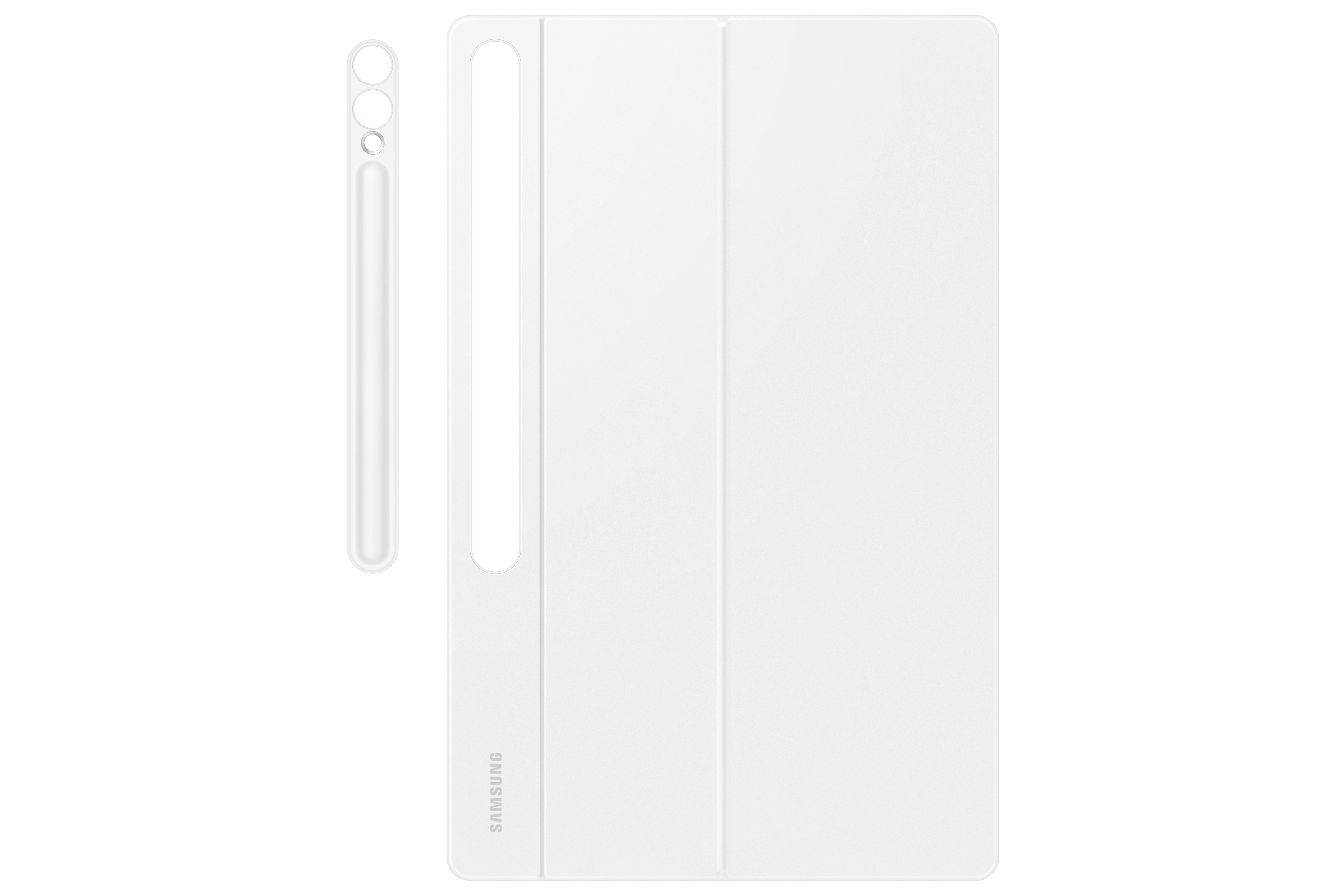 Weiße Tablet-Hülle und Stift liegen auf weißer Oberfläche.