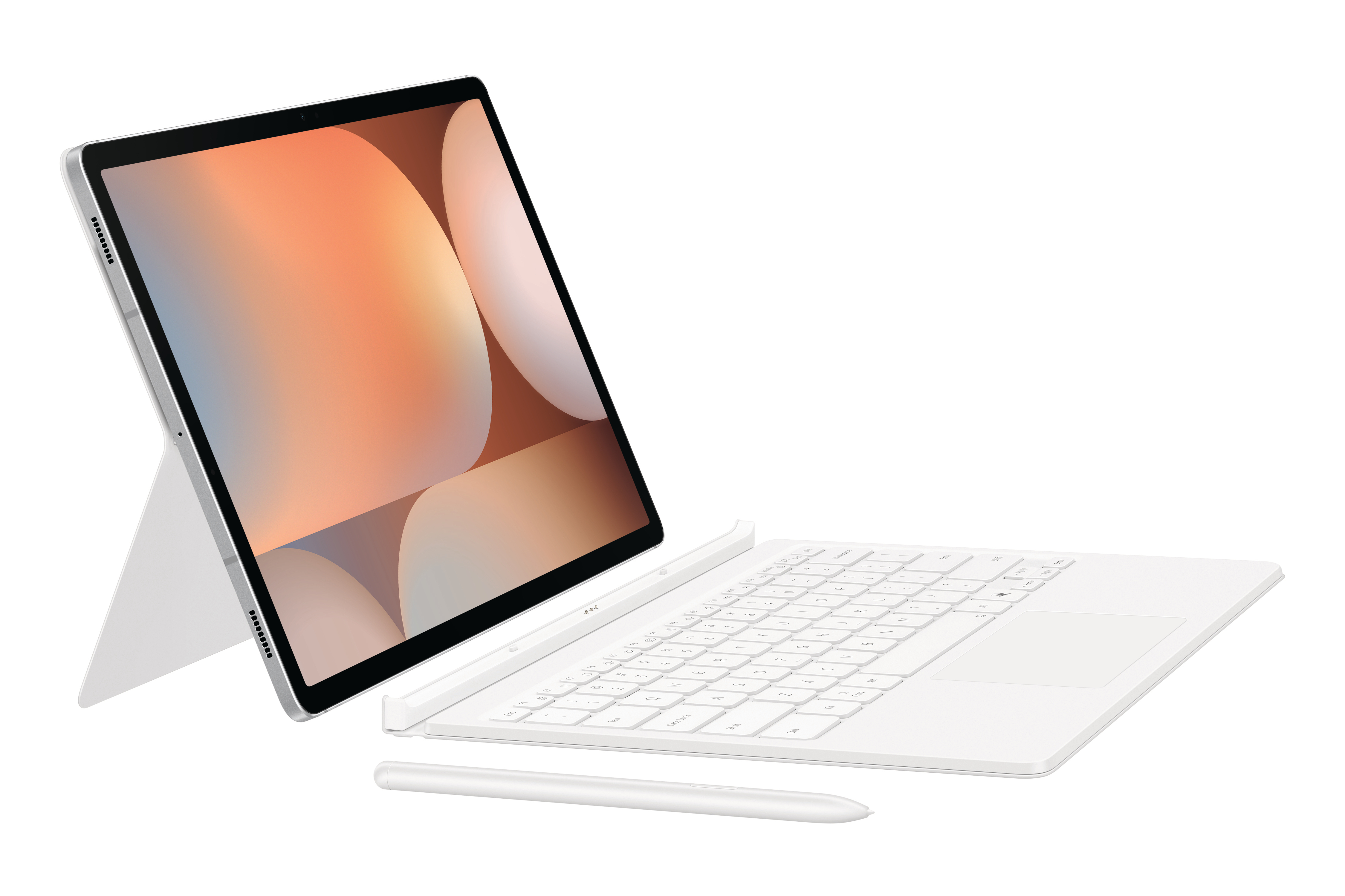 Ein Tablet mit Tastatur und Stift auf einer weißen Oberfläche.