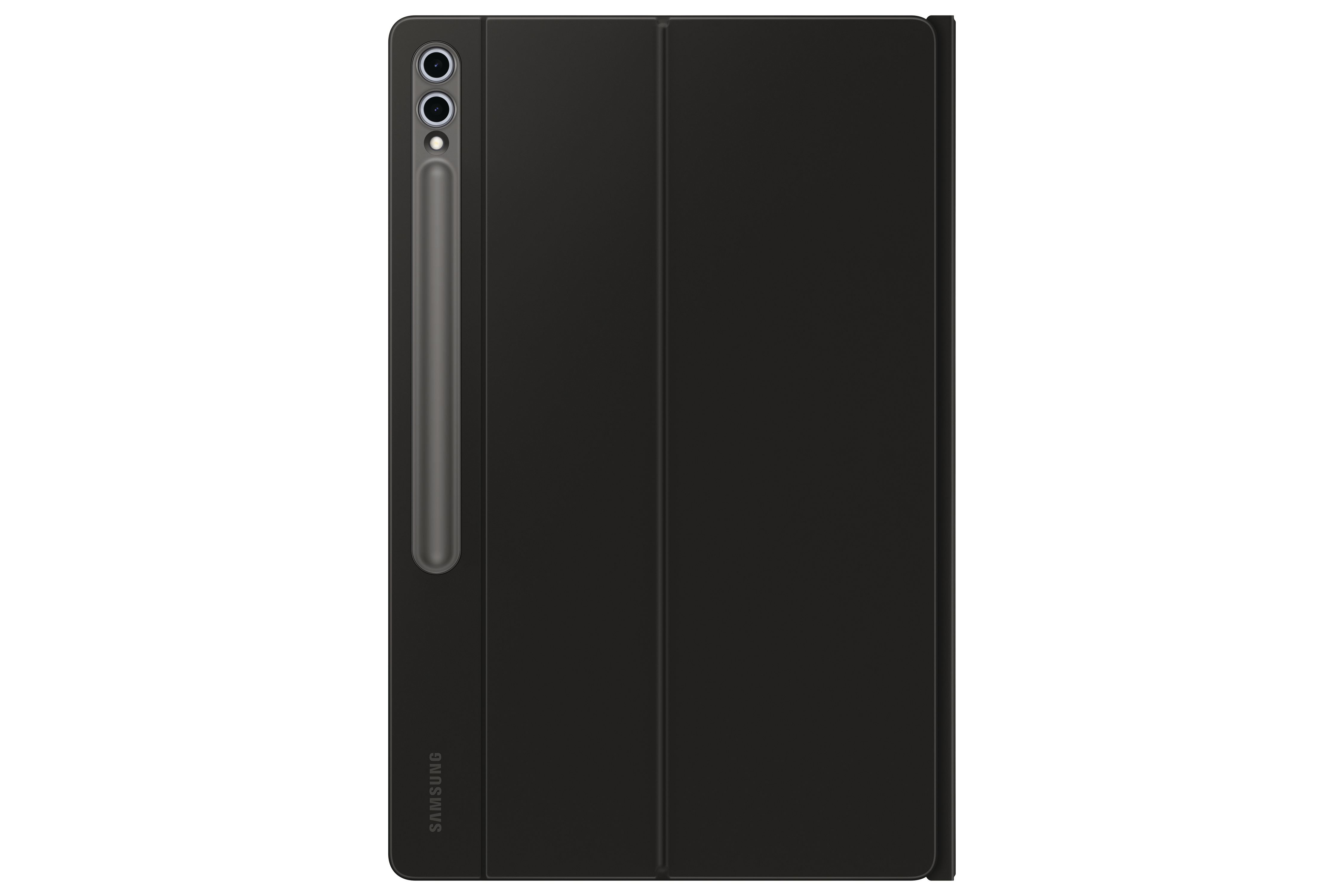 Eine geschlossene schwarze Tablet-Hülle mit Stifthalter und dem Samsung-Logo auf weißem Hintergrund.