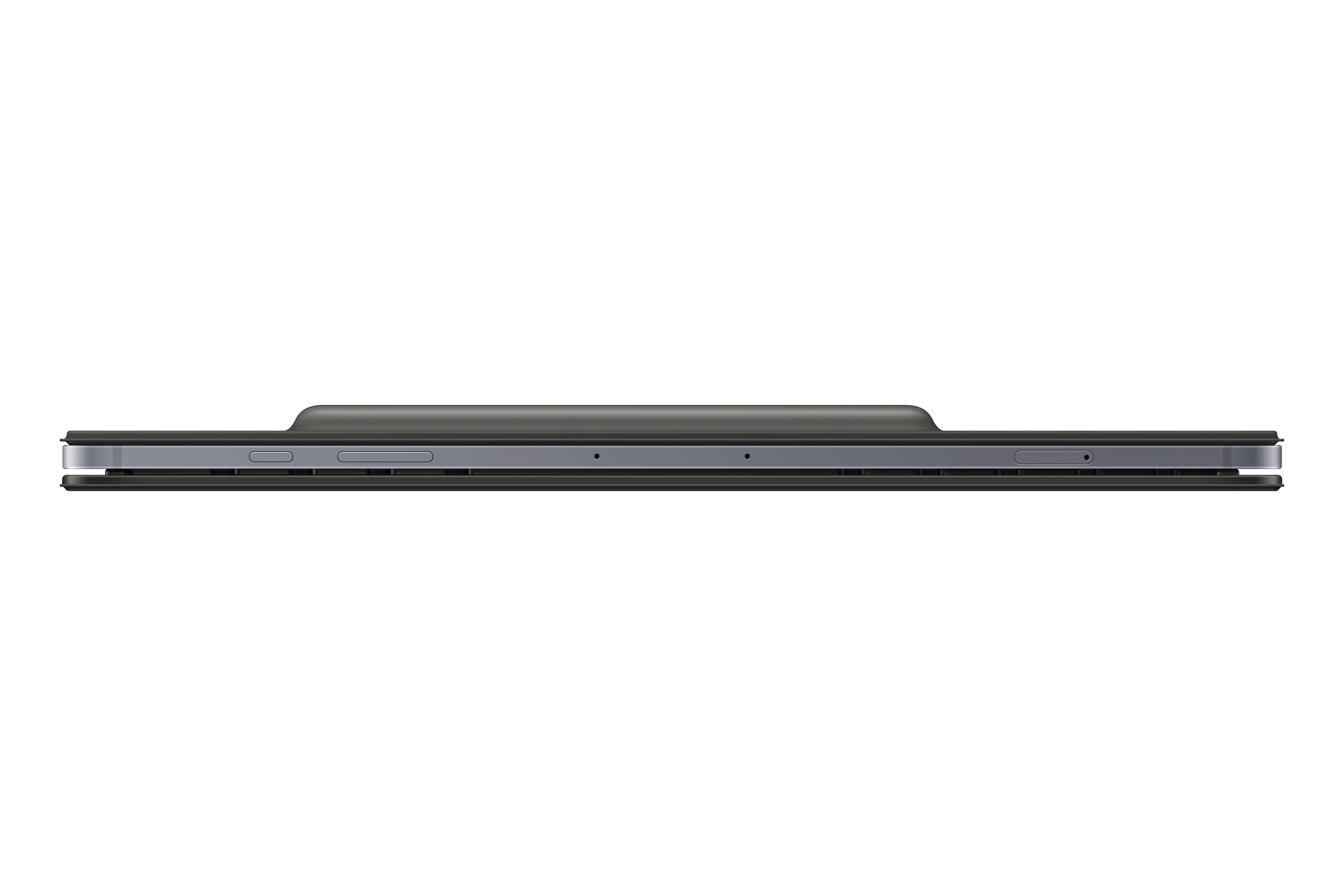 Ein Tablet, von der Seite betrachtet, mit schwarzem Gehäuse und weißem Hintergrund.