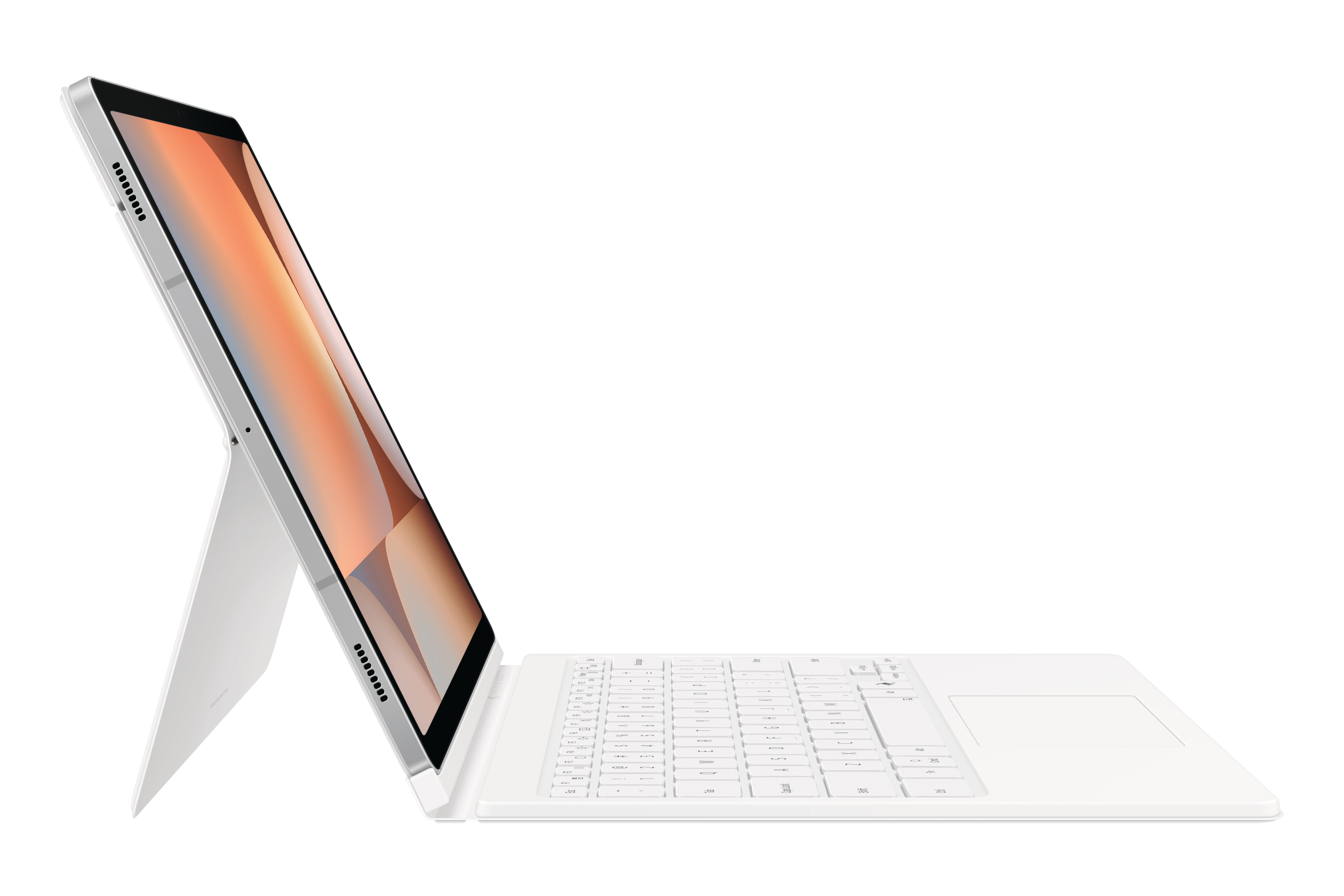 Tablet mit Tastatur, in Weiß, schräge Ansicht. Weißer Hintergrund.