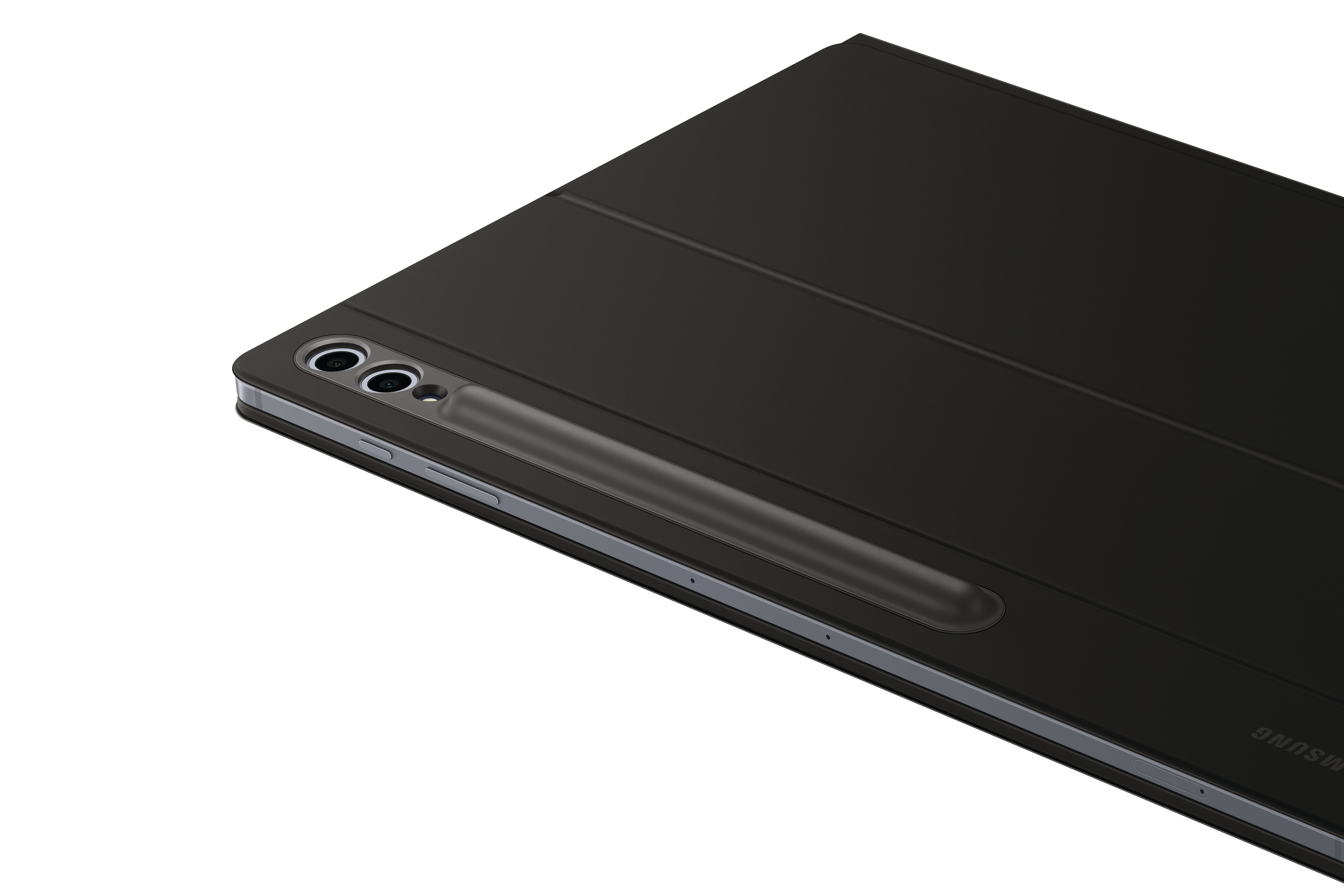 Schwarzes Tablet mit Hülle und Stift, der Stift ist hinten befestigt.