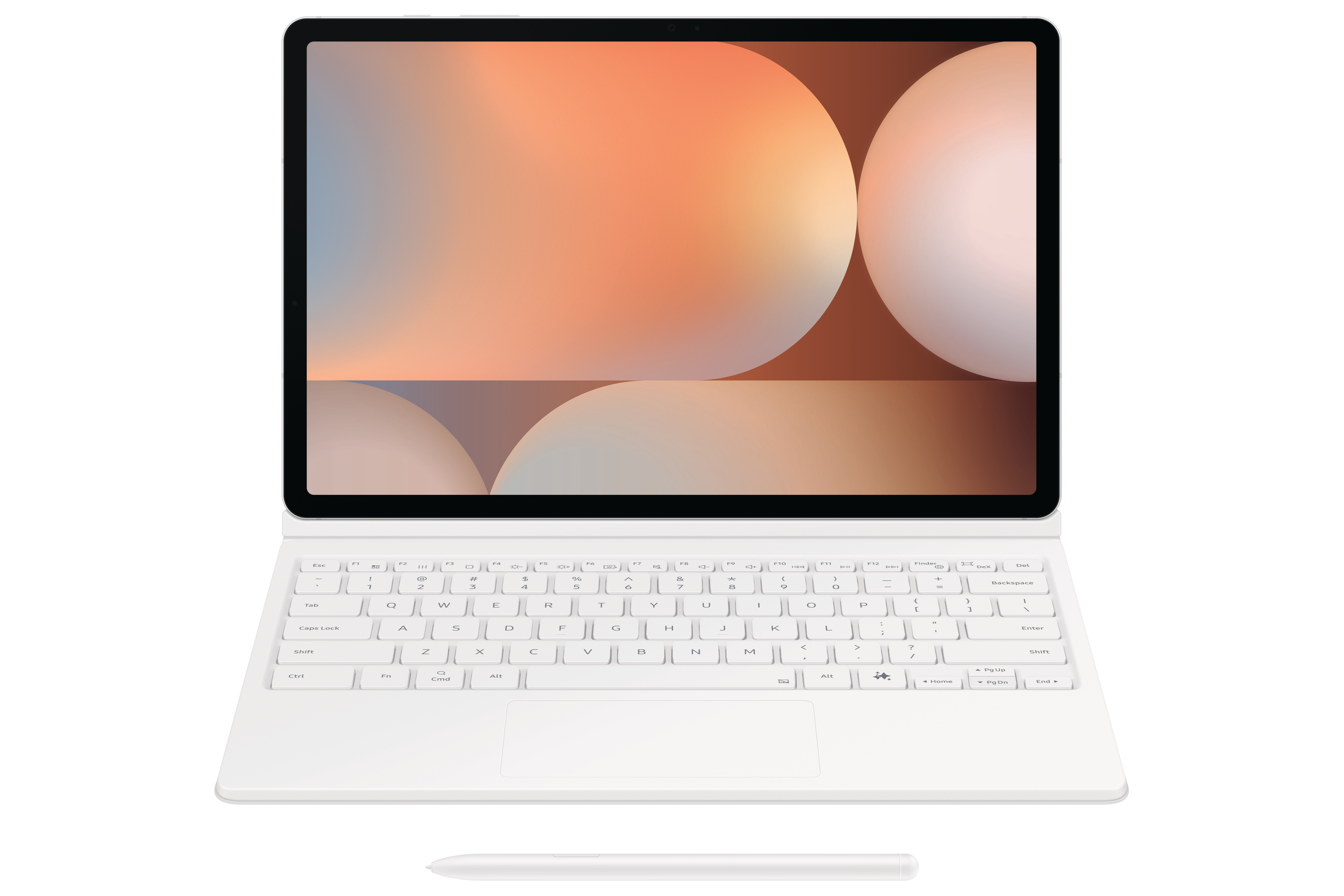 Ein weißes Tablet mit Tastatur und Stift, das einen orange-braunen Hintergrund auf dem Bildschirm zeigt.