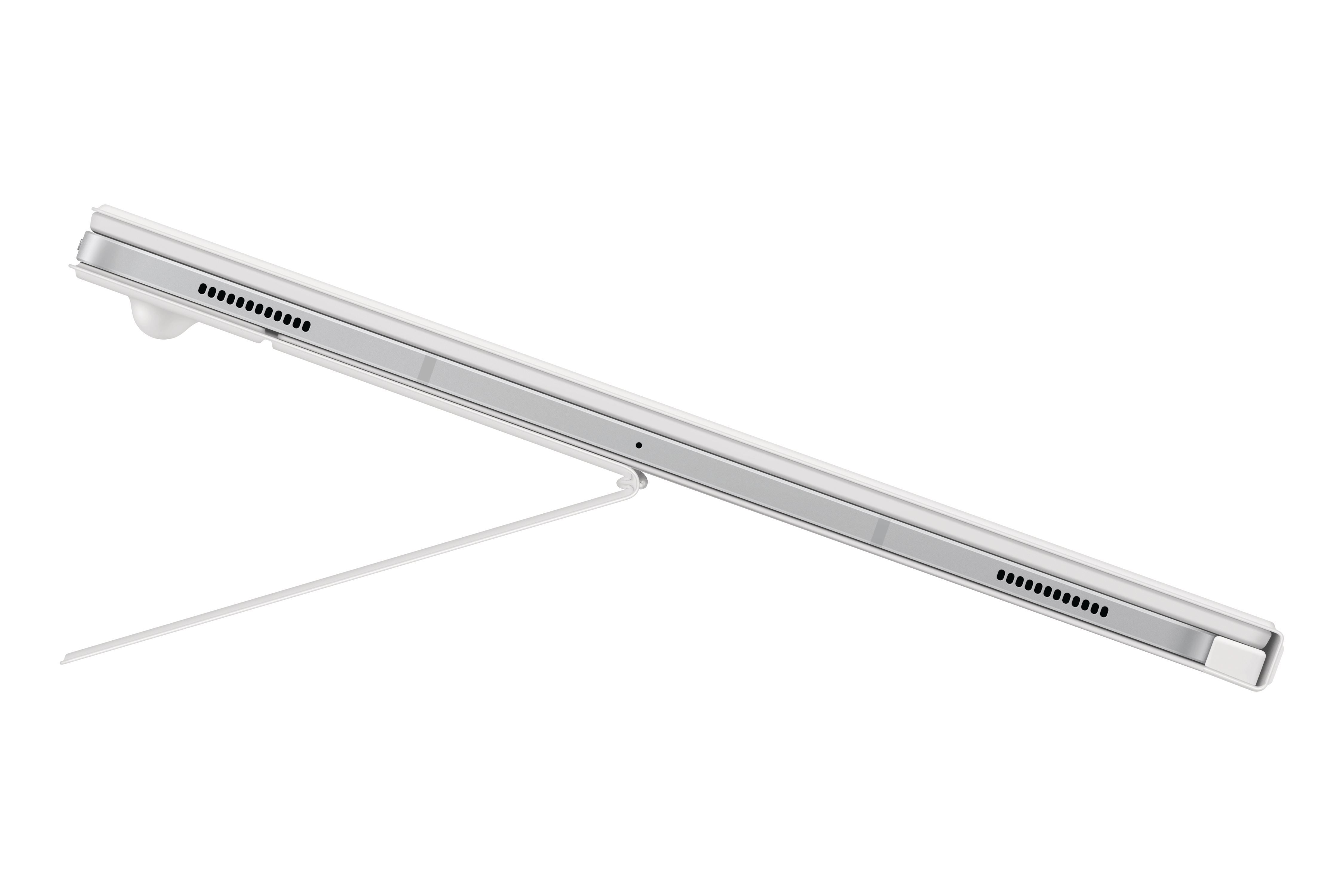 Ein weißes Tablet, von der Seite gesehen, mit Ständer und Lautsprechern. Weißer Hintergrund.