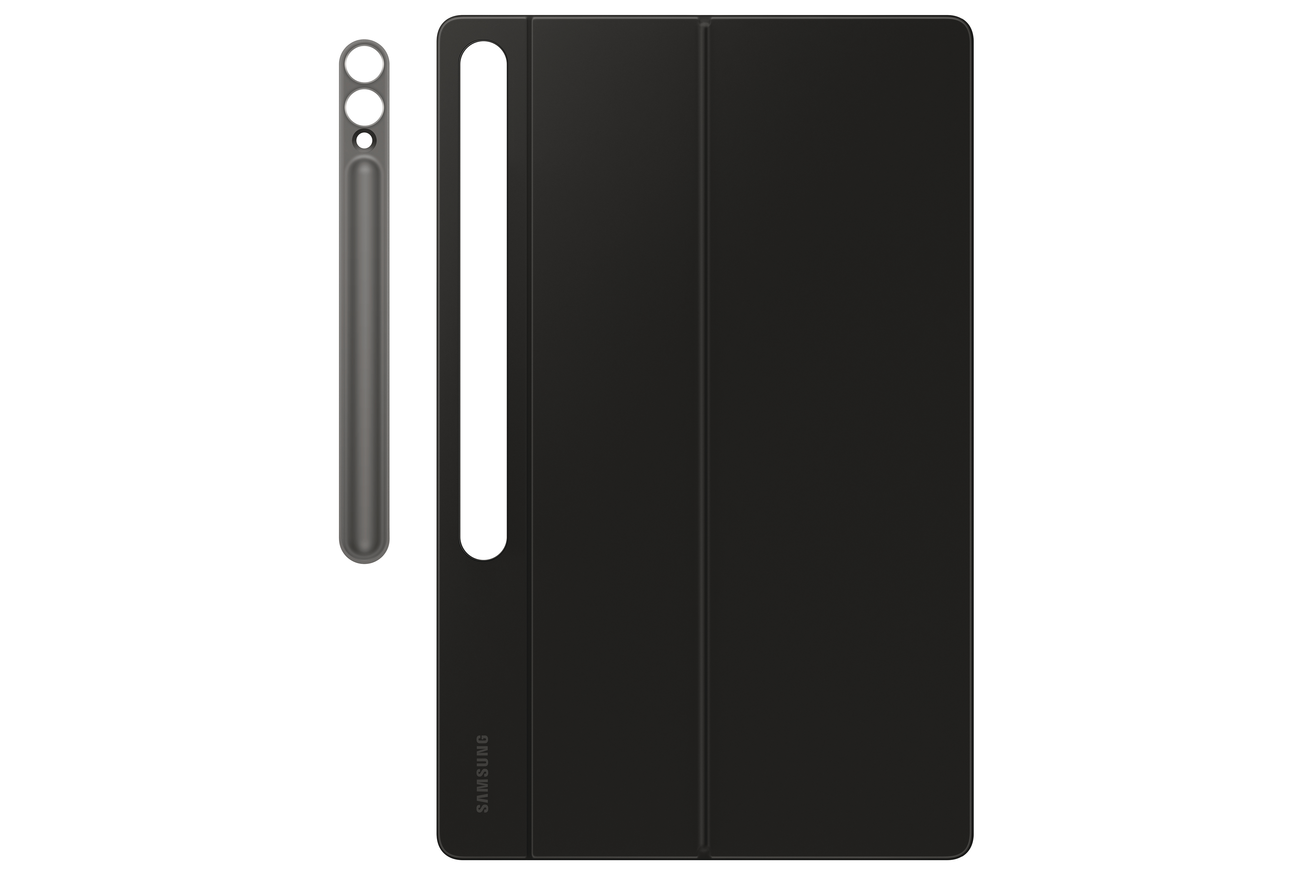 Schwarze Samsung Tablet-Hülle mit Stift, auf weißem Hintergrund.