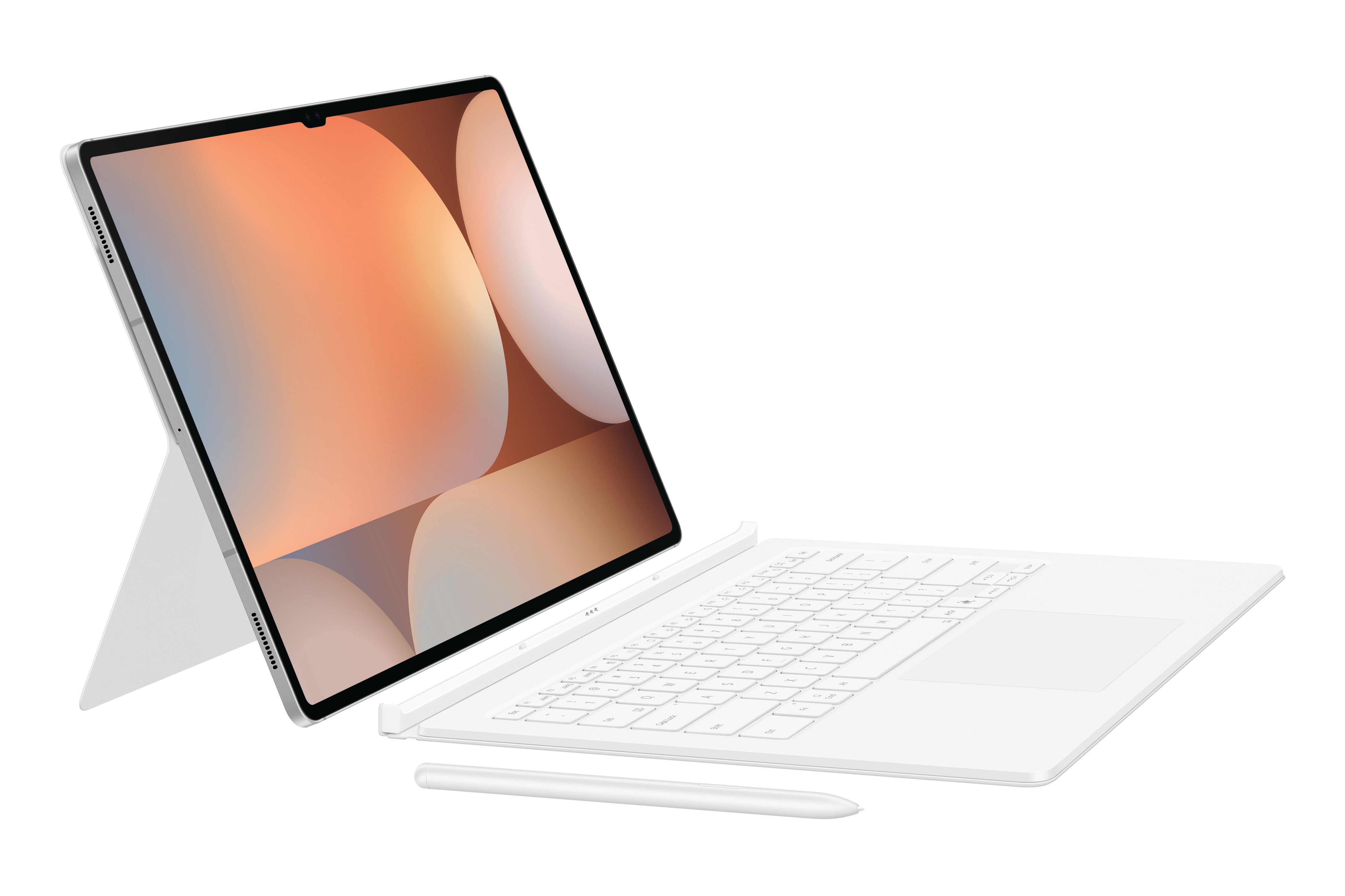 Tablet und Tastatur mit Stift auf weißem Hintergrund, schräge Ansicht.