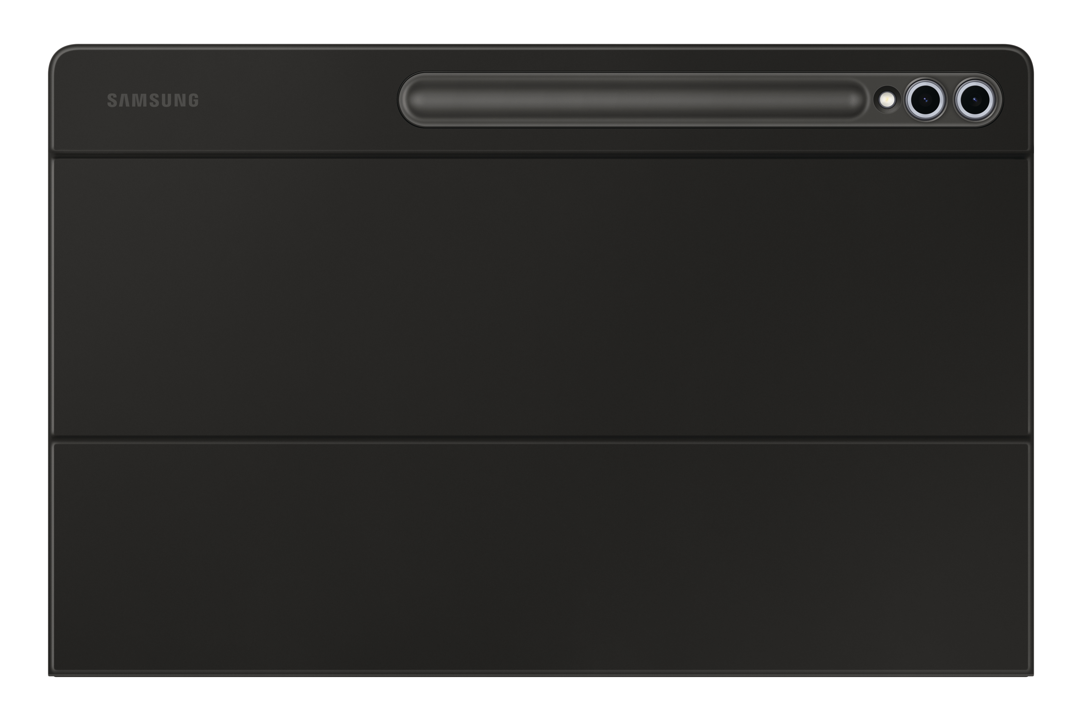 Schwarze Samsung Tablet-Hülle mit Kameraausschnitt und Stiftschacht. Weißer Hintergrund.