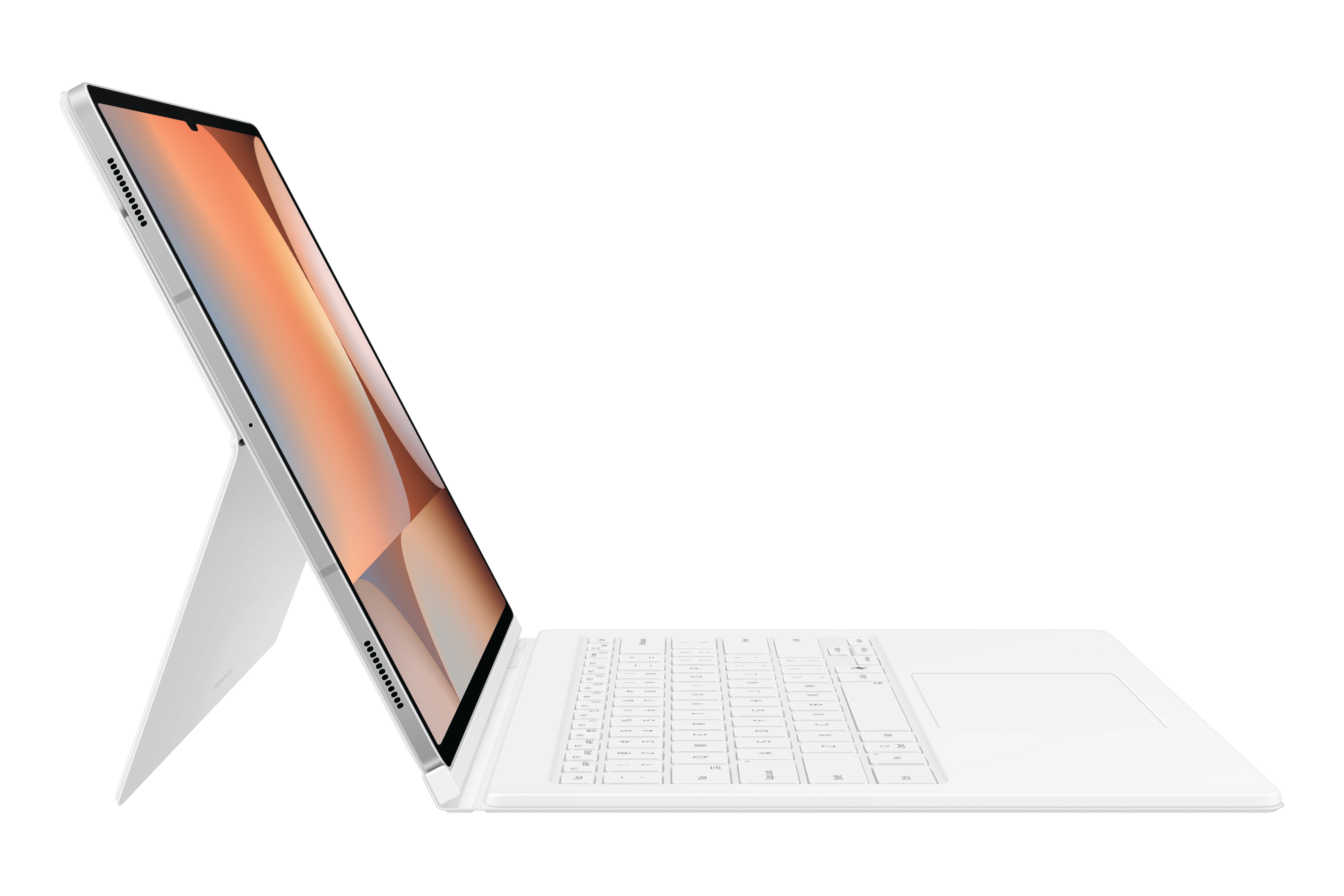 Weißes Laptop mit hochgeklapptem Bildschirm, der einen orange-weißen Farbverlauf zeigt, auf weißer Oberfläche.